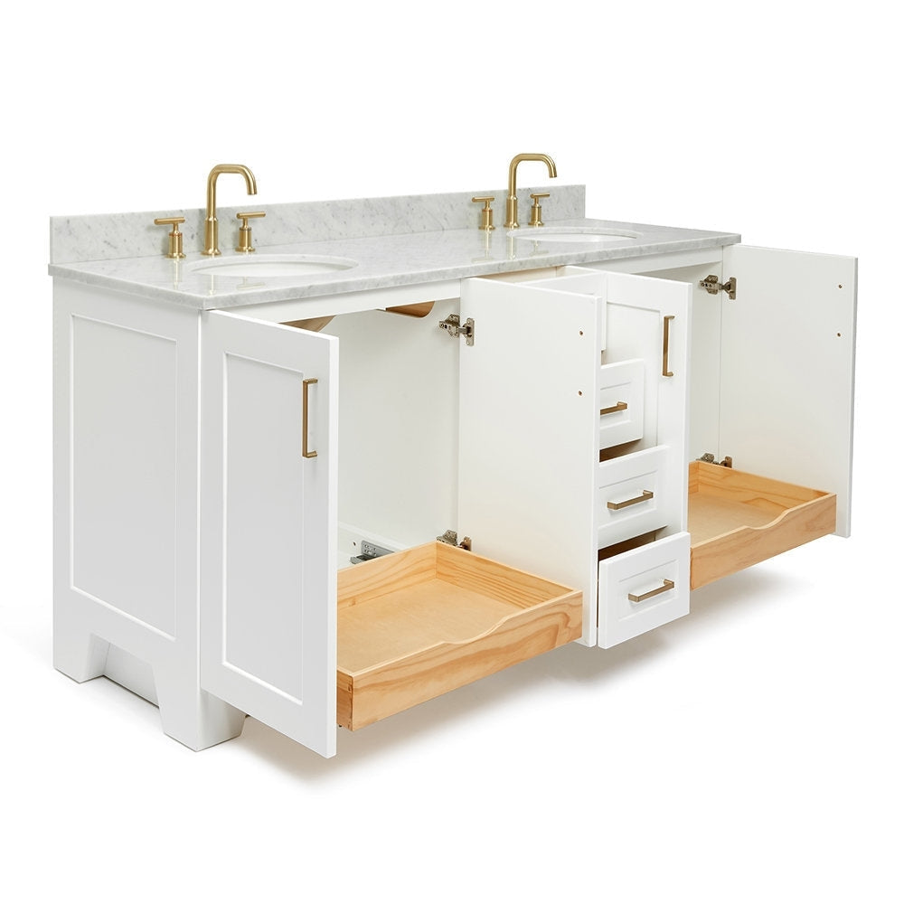 White 73-inch solid wood double-sink vanity with a stone countertop and satin-bronze faucets, shown with open cabinet doors revealing natural wood pull-out trays and a center column of drawers with bronze pulls.