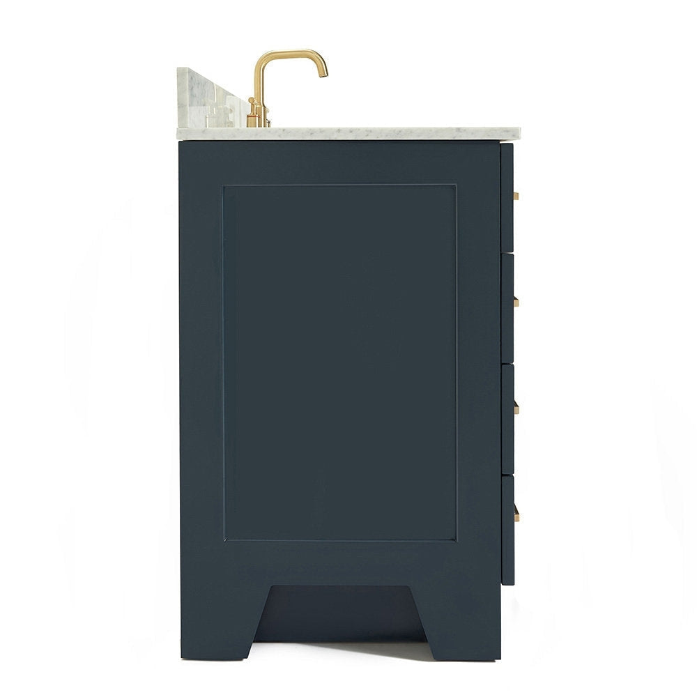 Side view of a 73-inch solid wood bathroom vanity in dark gray with a white stone countertop and satin-bronze faucet, showing the paneled side, slim drawer edges and recessed toe-kick.