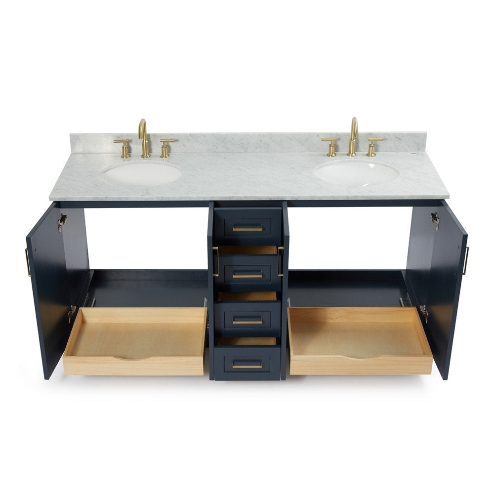 73-inch freestanding solid wood vanity with white stone countertop and two undermount sinks, navy-gray painted cabinet with open doors and natural wood pull-out drawers, accented by satin-bronze faucets and hardware.