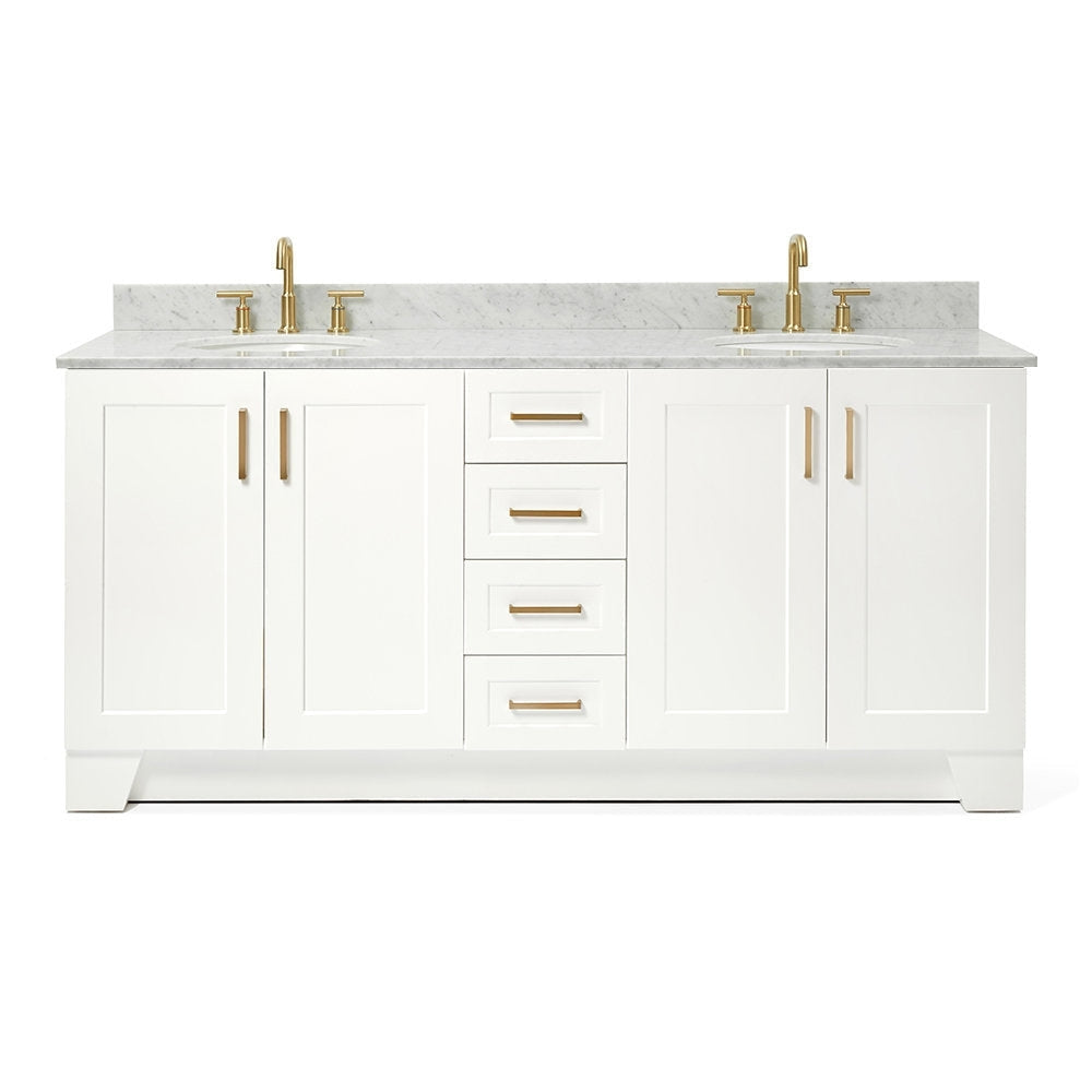 73-inch freestanding white solid wood bathroom vanity with stone countertop, two undermount sinks, satin bronze faucets and bar pulls, shaker-style doors and four center drawers.