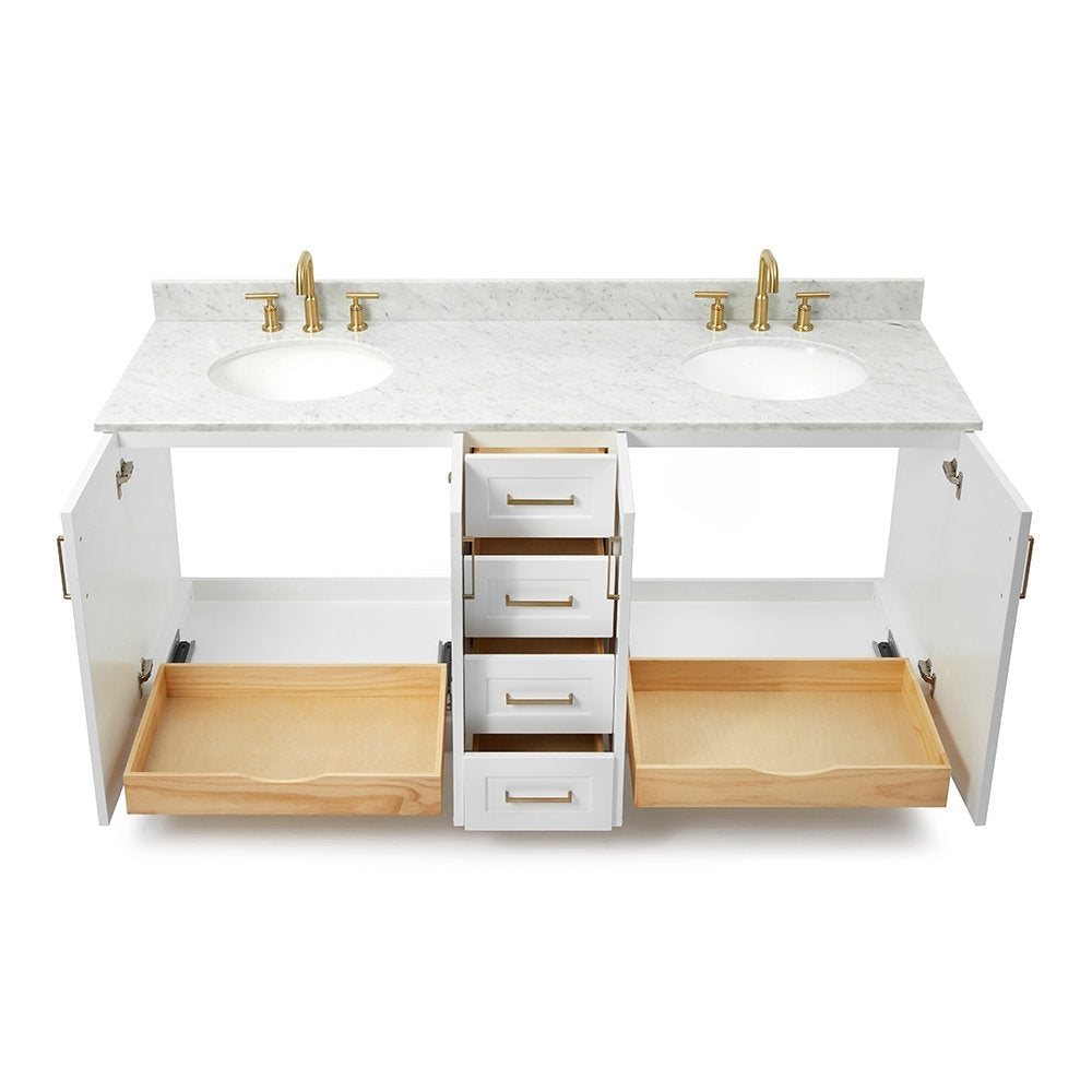 73-inch white solid wood double-sink bathroom vanity with a light stone countertop, two round undermount sinks, satin bronze faucets, center stacked drawers and open side cabinets showing natural wood pull-out drawers.