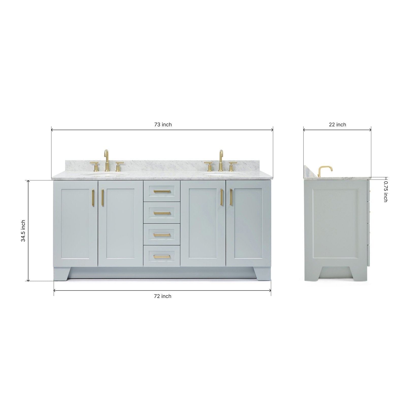 Front and side views of a 73-inch gray solid wood bathroom vanity with stone countertop, two satin-bronze faucets and matching hardware, four center drawers and four doors; measurement lines indicate 73-inch width and 22-inch depth.