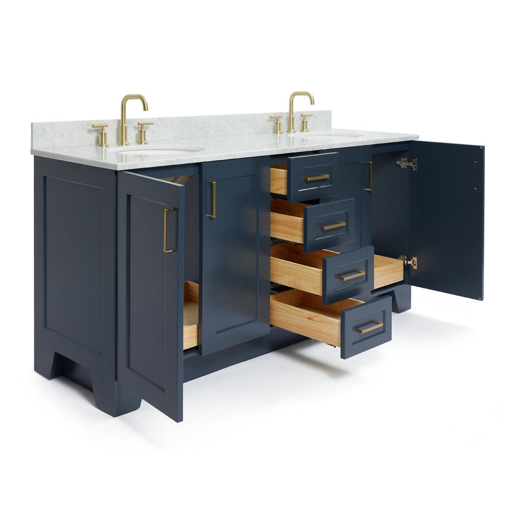 73-inch deep blue solid wood double-sink bathroom vanity with white stone countertop, two satin-bronze faucets and matching hardware, four open natural-wood drawers and two open cabinet doors showing interior storage.
