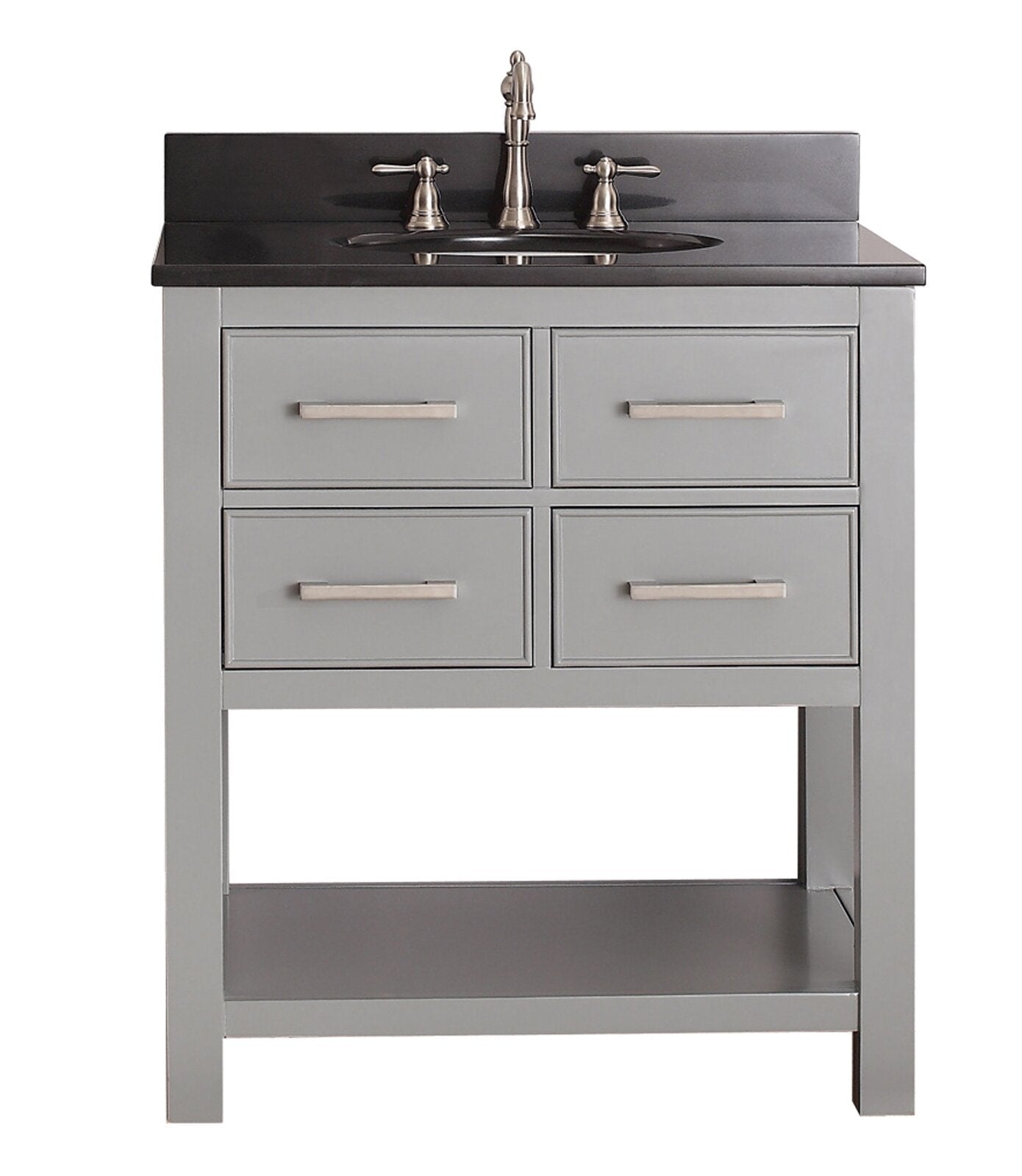 Modern gray solid wood 31-inch single-sink bathroom vanity with dark stone top and low backsplash, undermount sink, brushed nickel faucet, four drawers with horizontal pulls and an open bottom shelf.