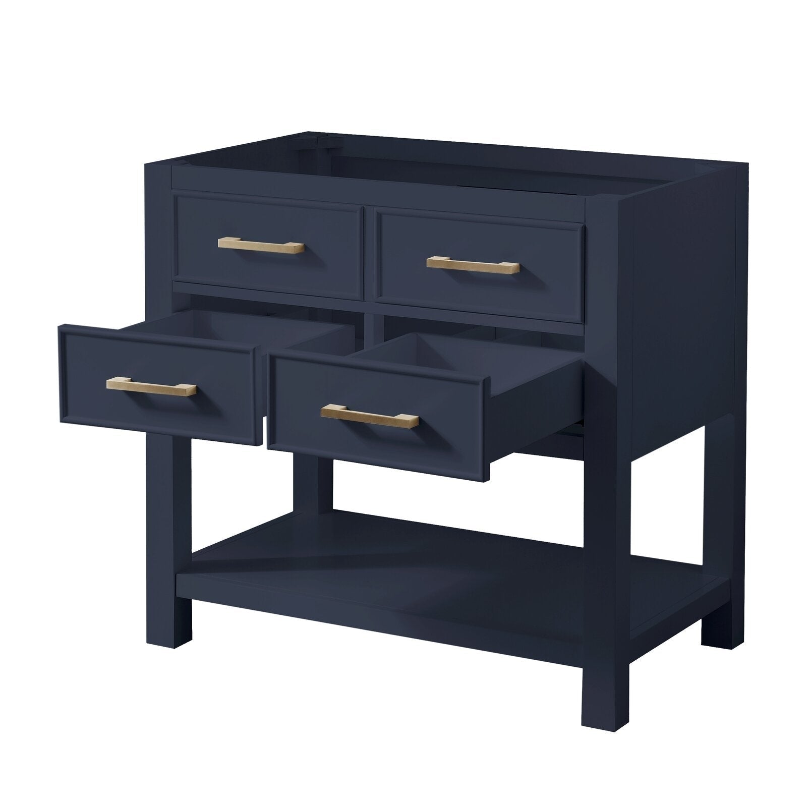 Freestanding modern solid-wood single-sink bathroom vanity in stone finish, 31-inch width, with four front drawers and gold-tone handles, open lower shelf and a top cutout for a ceramic sink.