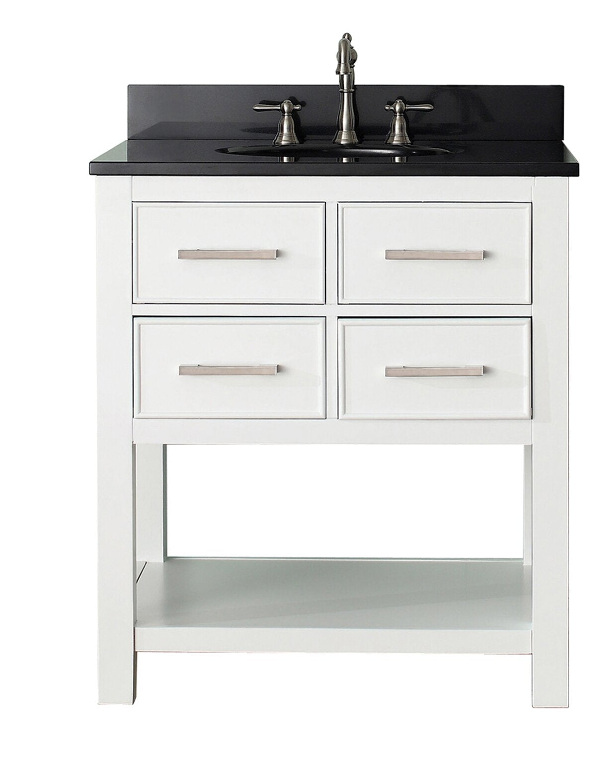 Modern freestanding white solid-wood bathroom vanity with a dark stone countertop and integrated single ceramic sink, four drawer fronts with brushed nickel bar pulls and an open bottom shelf.