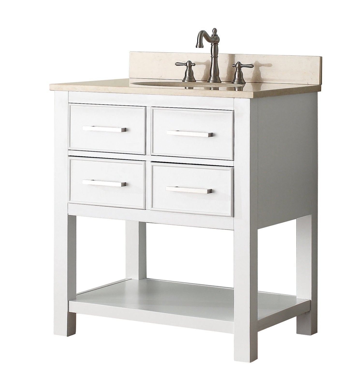 Modern 31-inch freestanding bathroom vanity with a stone top and integrated ceramic sink; white solid wood base with four drawer fronts, open lower shelf and a brushed metal faucet.