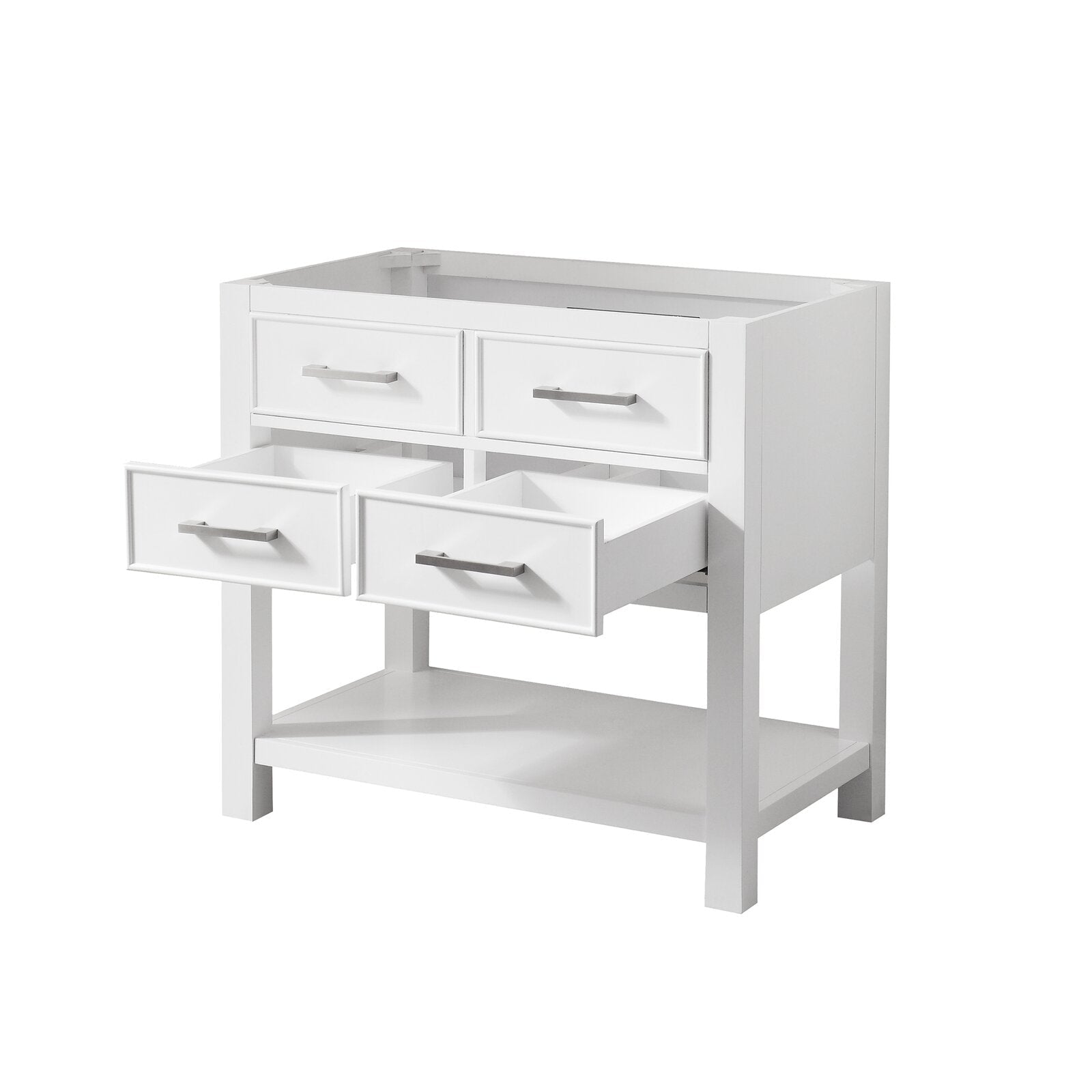 Freestanding modern solid wood 31-inch bathroom vanity in stone finish with open top for a single sink, two upper drawers and two lower drawers (lower pair shown open), metal bar pulls and a lower display shelf.