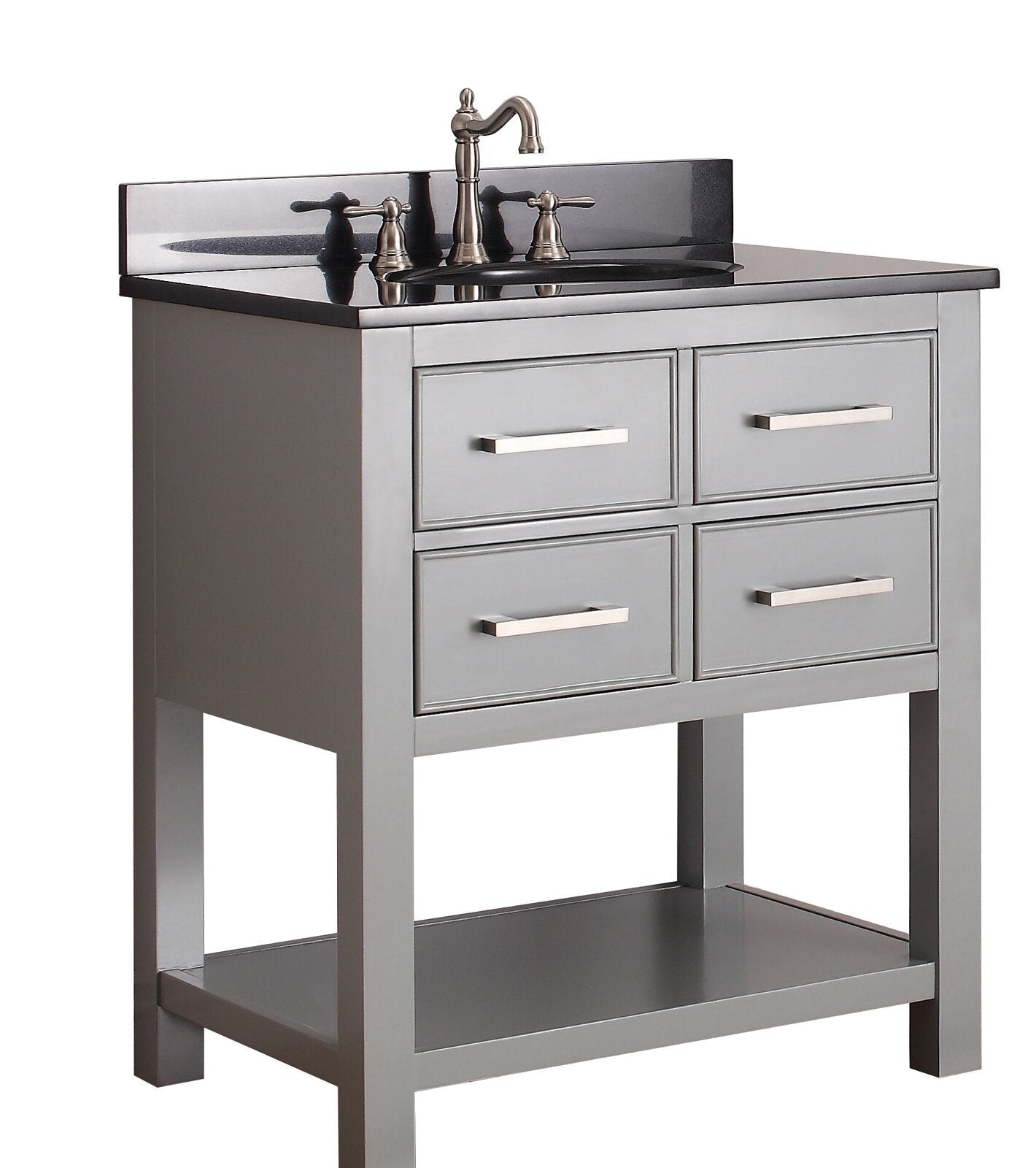 Freestanding stone-gray solid wood bathroom vanity with a black stone countertop and single sink, metal faucet on a short backsplash, four framed drawers with rectangular metal pulls and an open lower shelf in a modern style.