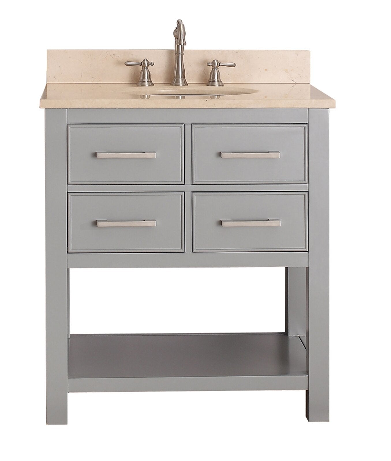 31-inch freestanding solid wood bathroom vanity in gray with a beige stone countertop and integrated sink, four front drawers with brushed nickel handles and an open lower shelf.