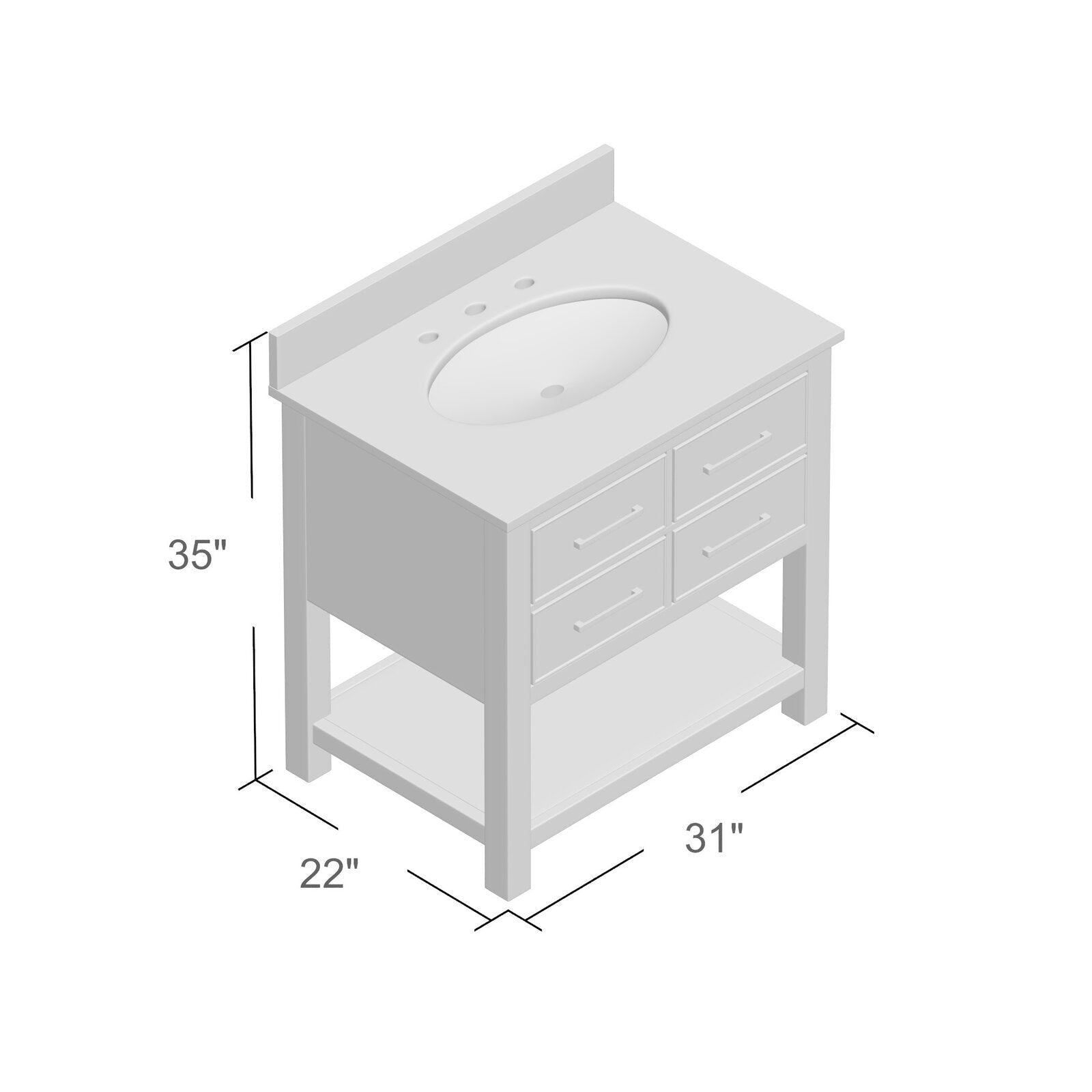 Isometric diagram of a 31" x 22" x 35" freestanding modern solid wood bathroom vanity in stone finish with a stone top, oval ceramic sink with three faucet holes, four front drawers and an open lower shelf.