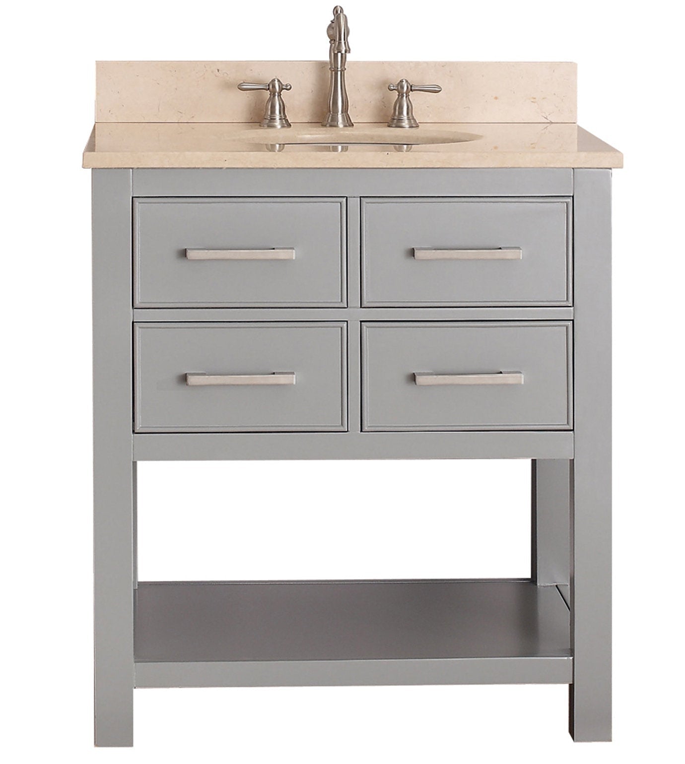 Freestanding modern gray wooden single-sink bathroom vanity with a stone countertop and integrated ceramic basin, four drawer fronts with brushed nickel bar pulls, open bottom shelf and center-set brushed nickel faucet.