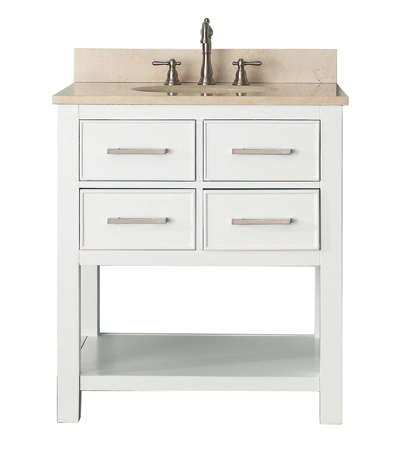 Modern solid wood bathroom vanity in white with a beige stone countertop and integrated oval ceramic sink, brushed nickel widespread faucet, four drawer fronts with metal bar pulls and an open lower shelf.