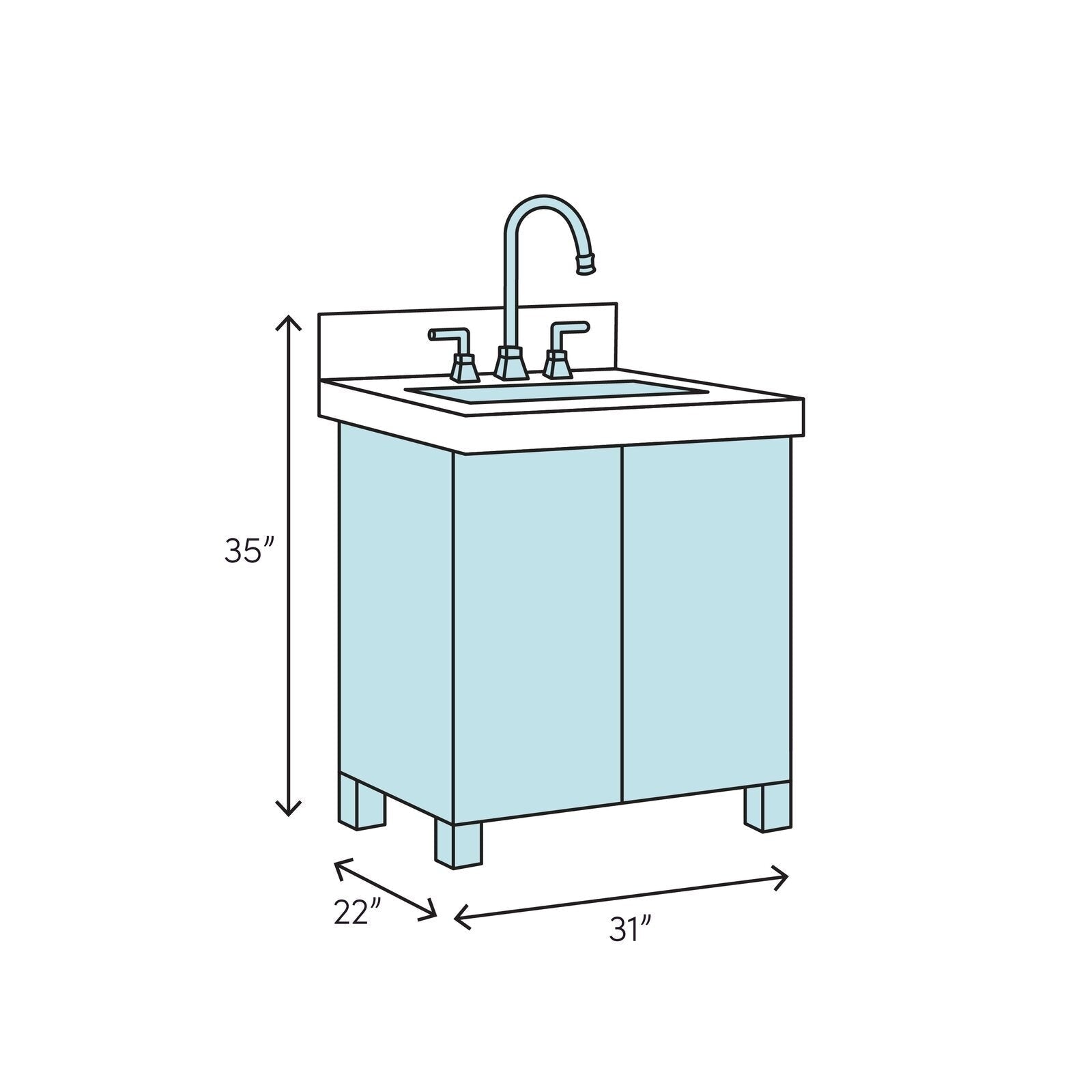 Illustration of a modern 31 in wide freestanding solid wood bathroom vanity in stone finish with stone countertop, rectangular ceramic sink, two-door cabinet on short legs and faucet, labeled 31 in x 22 in x 35 in.
