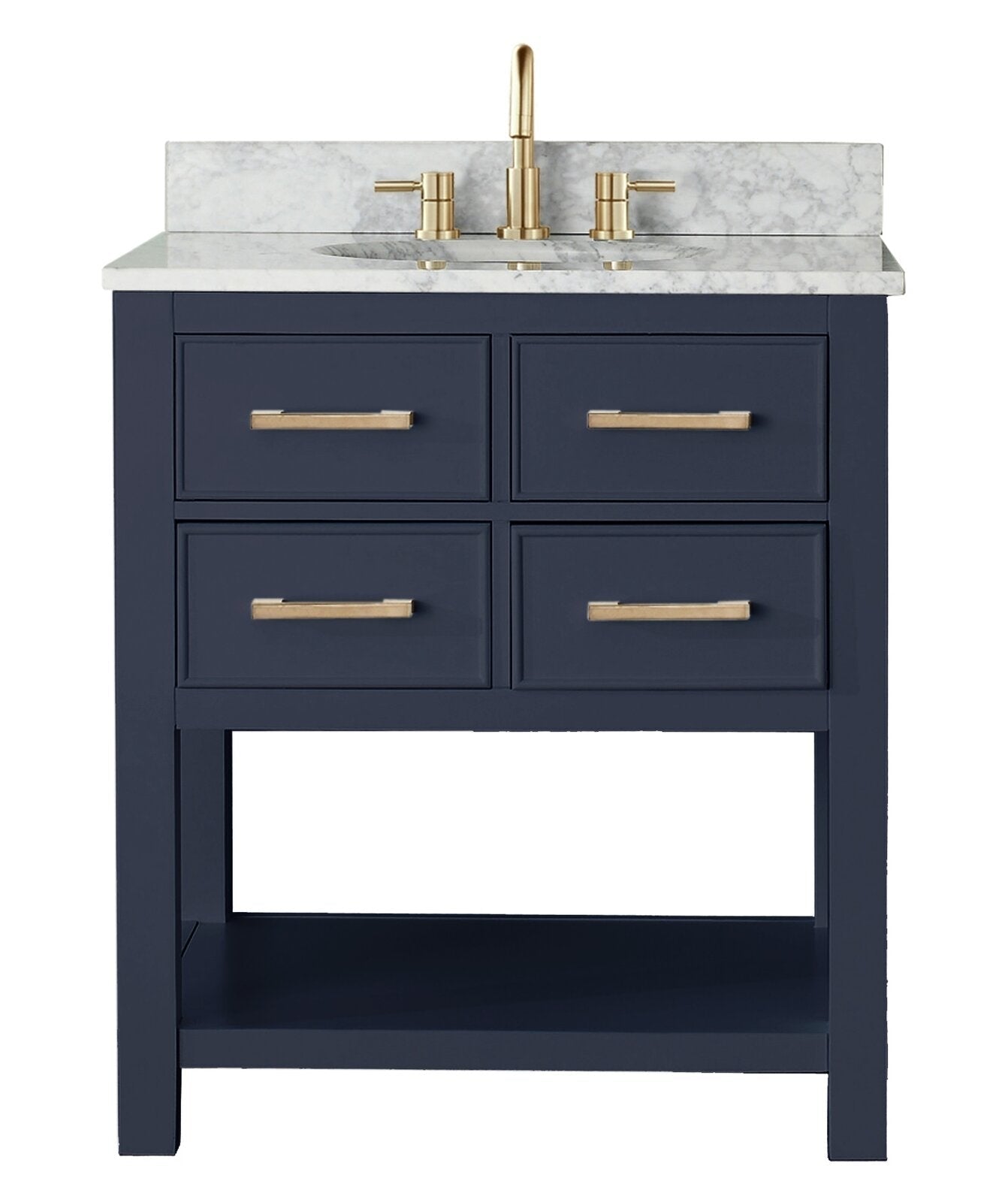 31-inch freestanding modern navy solid wood single-sink bathroom vanity with white marble stone top and backsplash, undermount basin, brushed gold widespread faucet and four drawers with gold bar pulls above an open shelf.