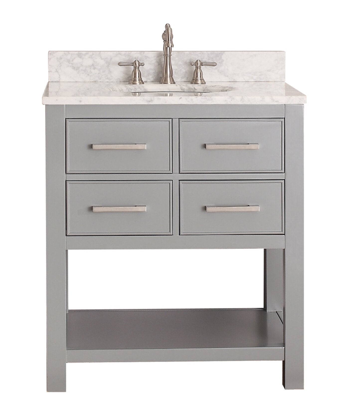 31-inch modern freestanding bathroom vanity with a stone marble top and integrated ceramic sink, gray solid wood base with four drawer fronts, brushed nickel bar pulls, center faucet and open bottom shelf.