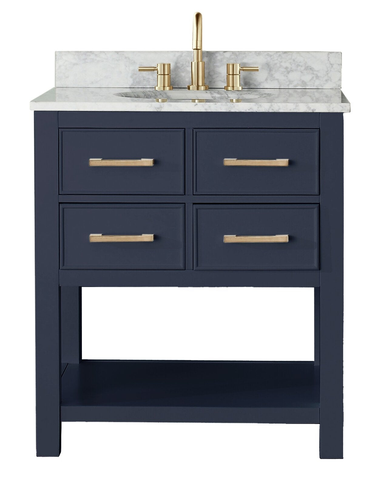 Freestanding modern solid wood bathroom vanity with a stone marble top and integrated ceramic sink, navy-blue painted cabinet with four drawers, open bottom shelf, and gold-tone faucet and matching bar handles.