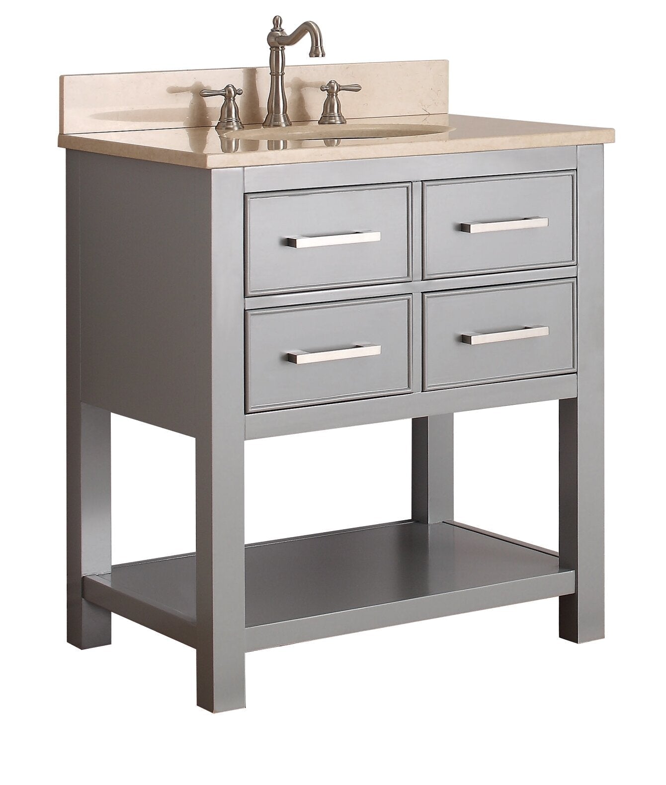 31-inch modern solid wood single-sink bathroom vanity in stone gray with beige stone countertop and backsplash, four drawers with brushed metal bar pulls and an open lower shelf.