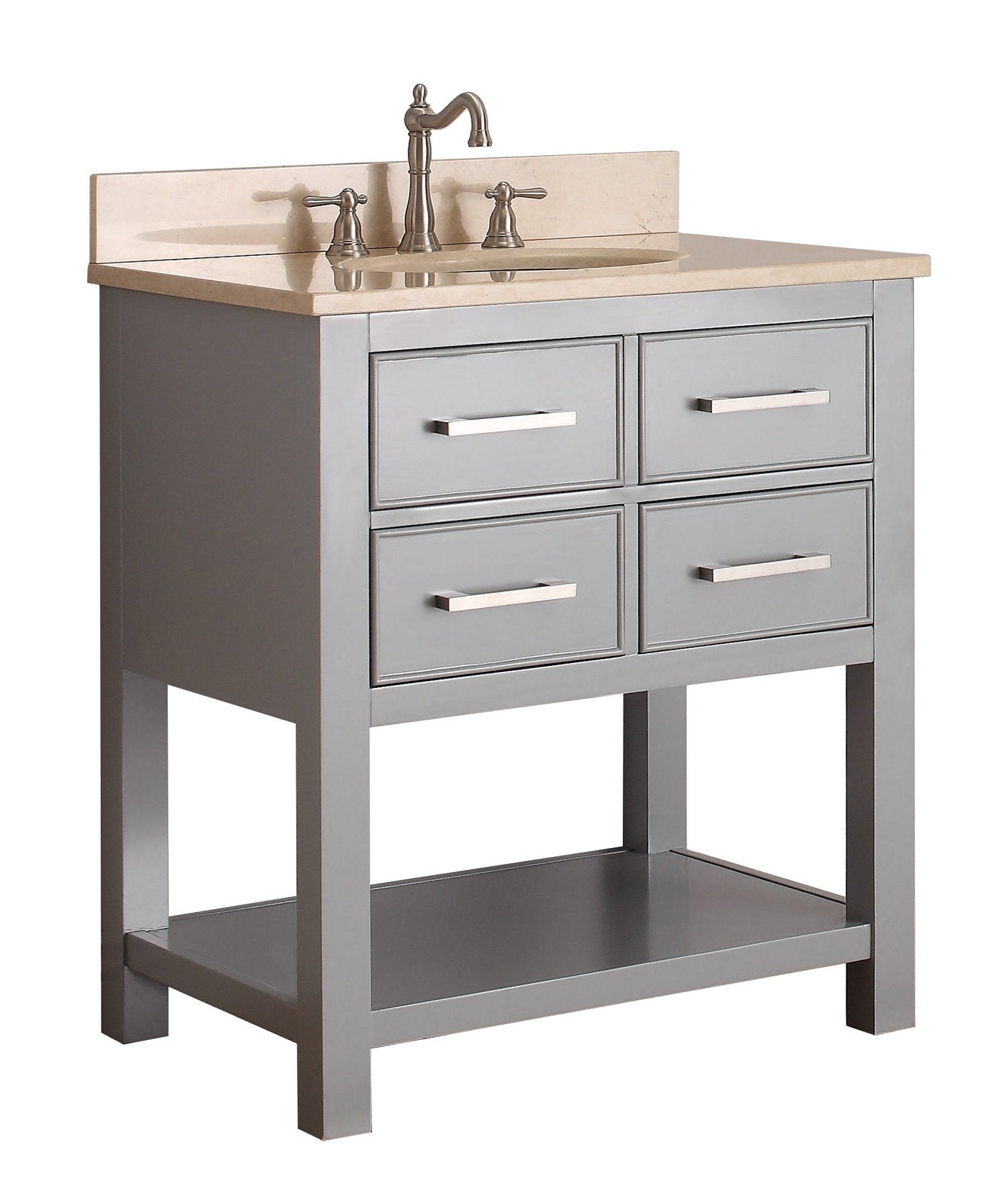 31-inch modern solid wood single-sink bathroom vanity in gray with a beige stone countertop and backsplash, four paneled drawers with horizontal metal pulls, open lower shelf and nickel-finish faucet.
