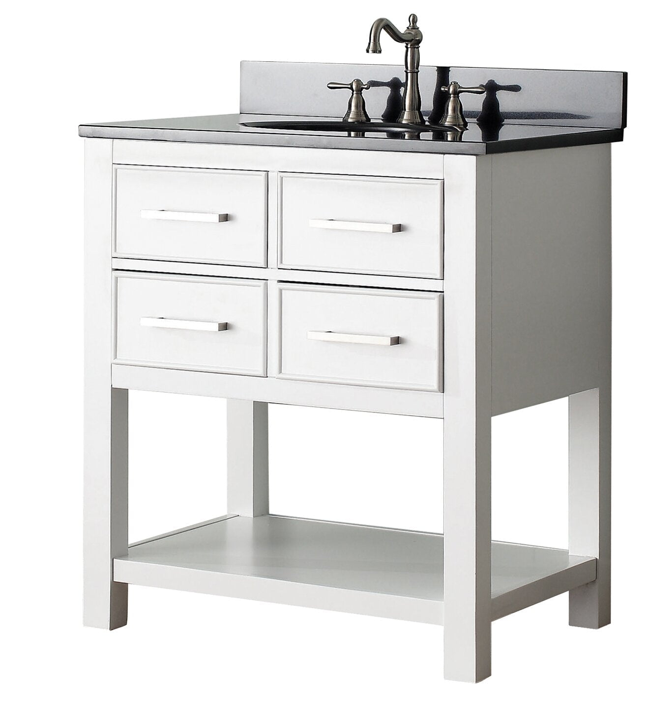 Freestanding solid wood bathroom vanity in stone finish with dark stone countertop, integrated ceramic sink, metal faucet, four drawer fronts with horizontal pulls and an open lower shelf in a modern contemporary style.