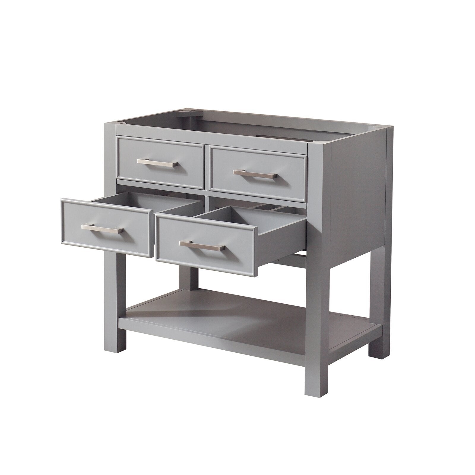 Modern 31-inch solid wood freestanding bathroom vanity in stone gray, shown as a base with four drawers (two open), an open lower shelf and brushed metal handles, displayed without a countertop or sink.