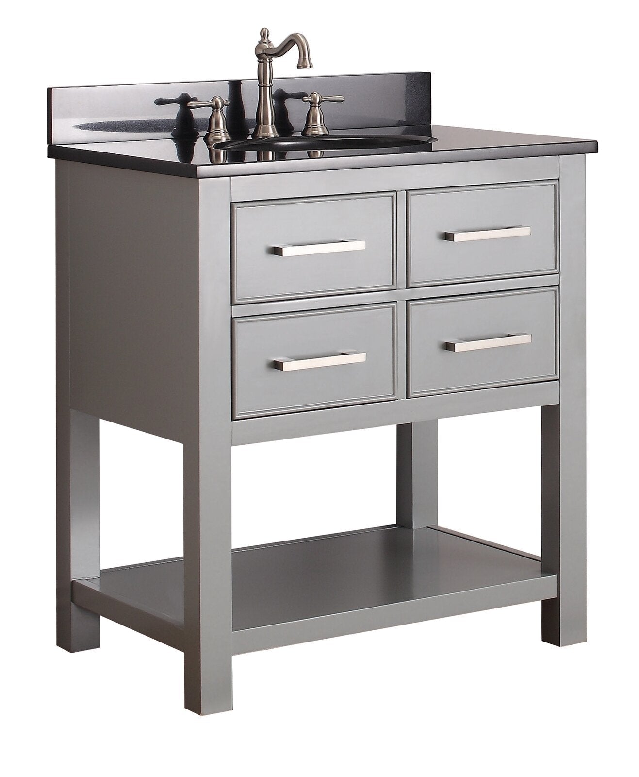 Freestanding modern bathroom vanity in stone-gray solid wood with a dark stone countertop and integrated black ceramic sink, four drawers with brushed metal pulls, brushed-nickel faucet, and open lower shelf.