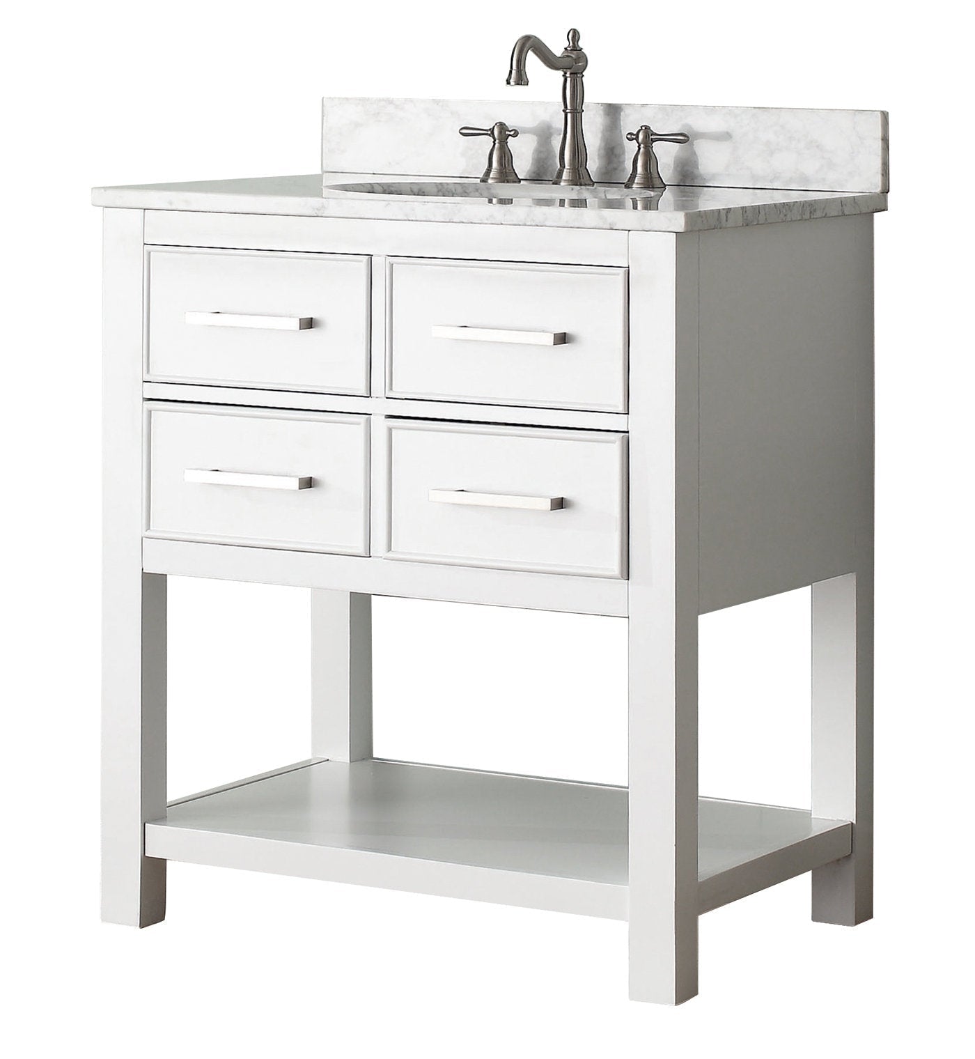 Contemporary freestanding solid wood bathroom vanity in stone finish with marble-look stone top and backsplash, single rectangular sink, four drawer fronts with metal handles and open lower shelf.