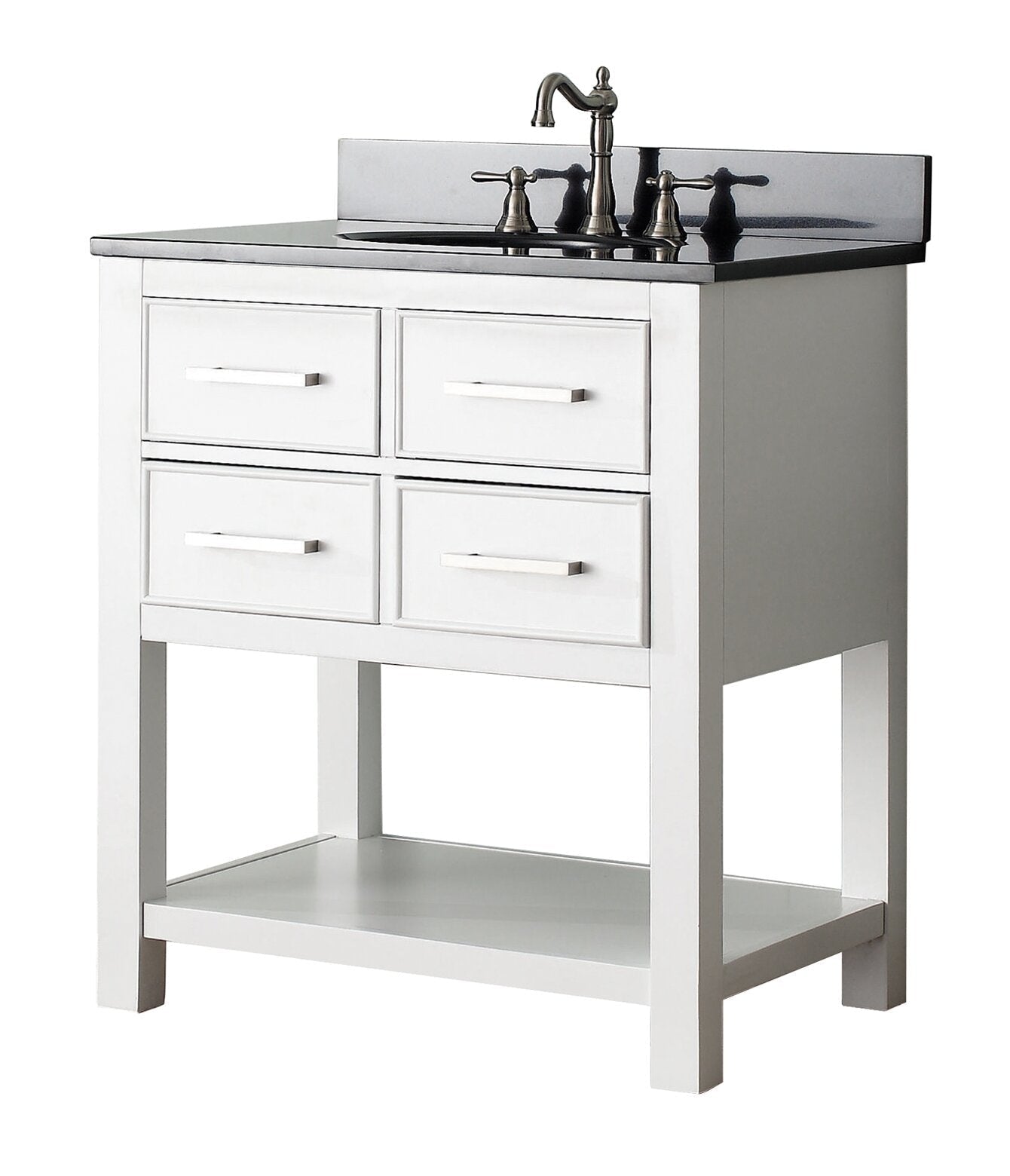 31-inch modern solid wood bathroom vanity in stone finish with a dark stone countertop and ceramic single sink, four drawer fronts with chrome bar pulls, open lower shelf and brushed nickel faucet.