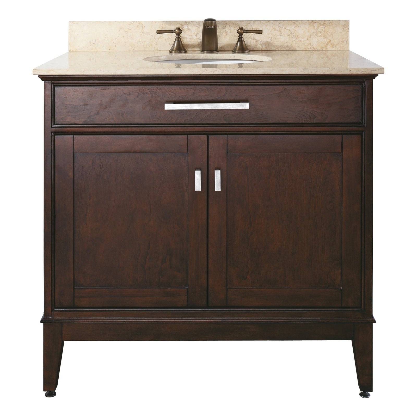 Front view of a modern 37-inch freestanding solid wood bathroom vanity in dark brown with a stone marble top, integrated oval sink, central faucet, single drawer and two cabinet doors with metal pulls.