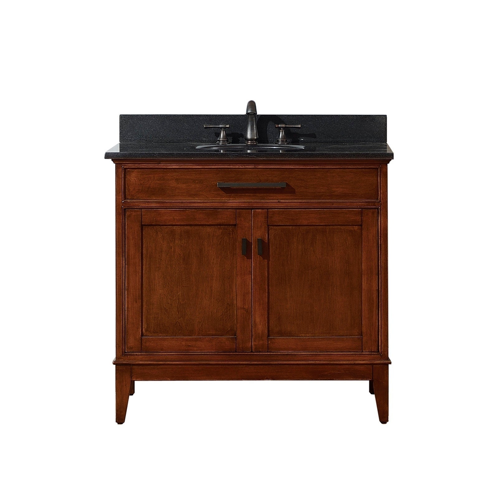 37-inch solid wood single-sink bathroom vanity in brown finish with a dark stone countertop and ceramic basin, featuring dark metal faucet and handles, freestanding modern-contemporary cabinet with storage and soft-close doors.