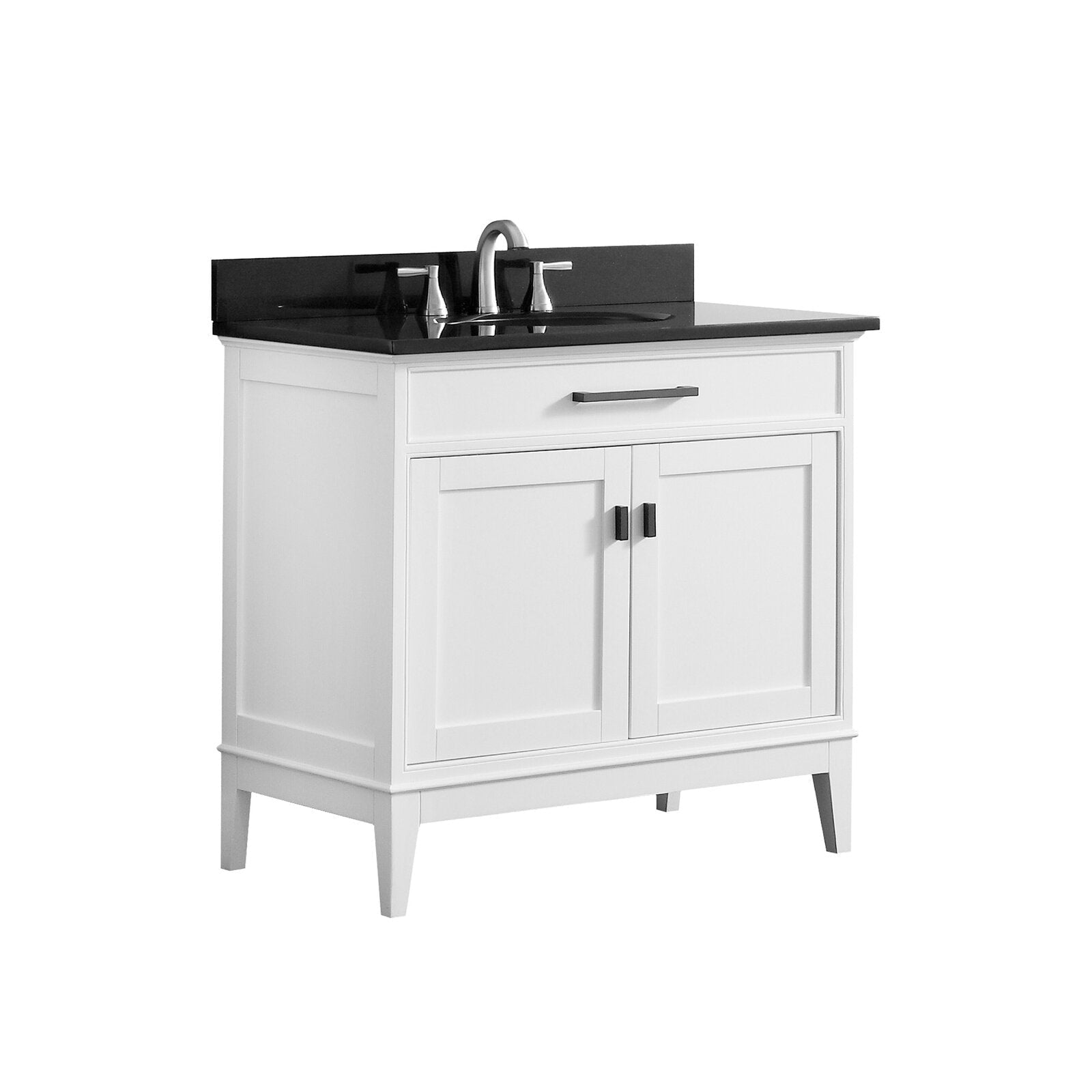 Freestanding white solid wood bathroom vanity with black stone countertop and backsplash, single integrated sink, chrome faucet, shaker-style drawer and double doors with dark bar handles.