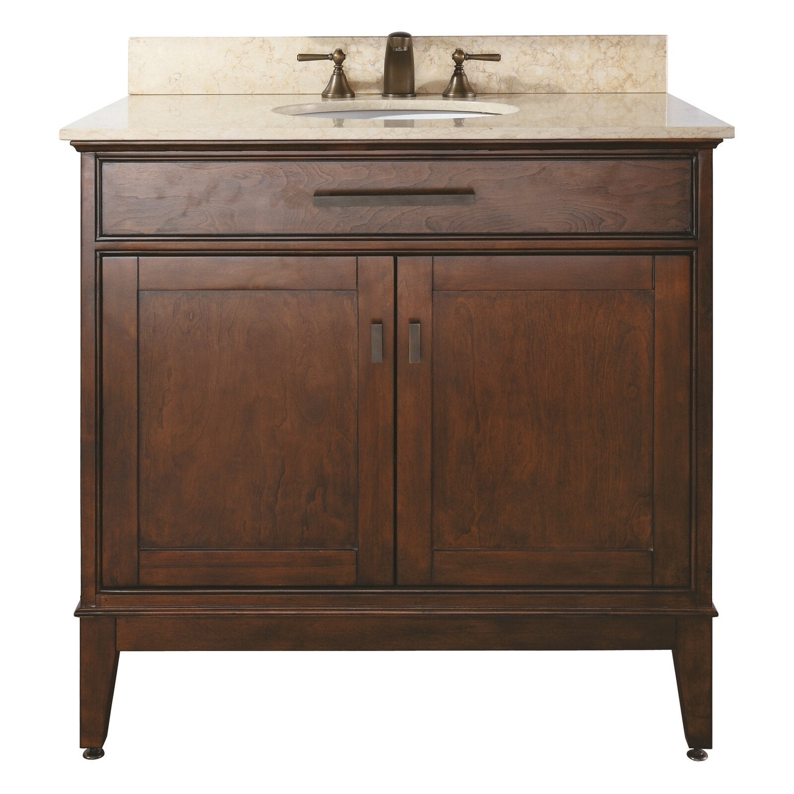 37-inch freestanding solid wood bathroom vanity in warm brown finish with a stone marble top, oval undermount white sink and brass widespread faucet, single shallow top drawer above two cabinet doors with metal pulls.