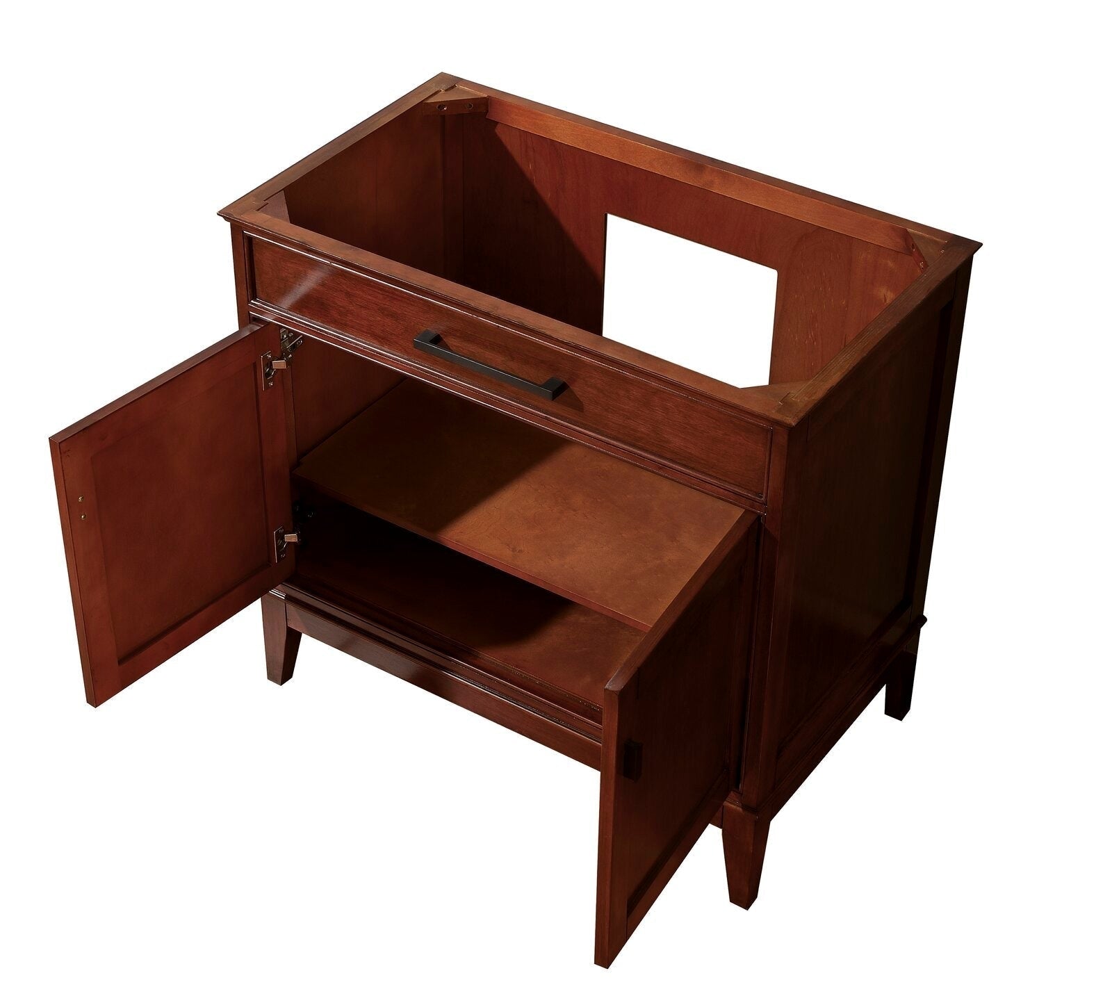 Freestanding 37-inch solid wood bathroom vanity in warm brown finish shown with doors open to reveal an interior shelf, tapered legs, dark metal bar pull and a rectangular sink cutout in the stone top.