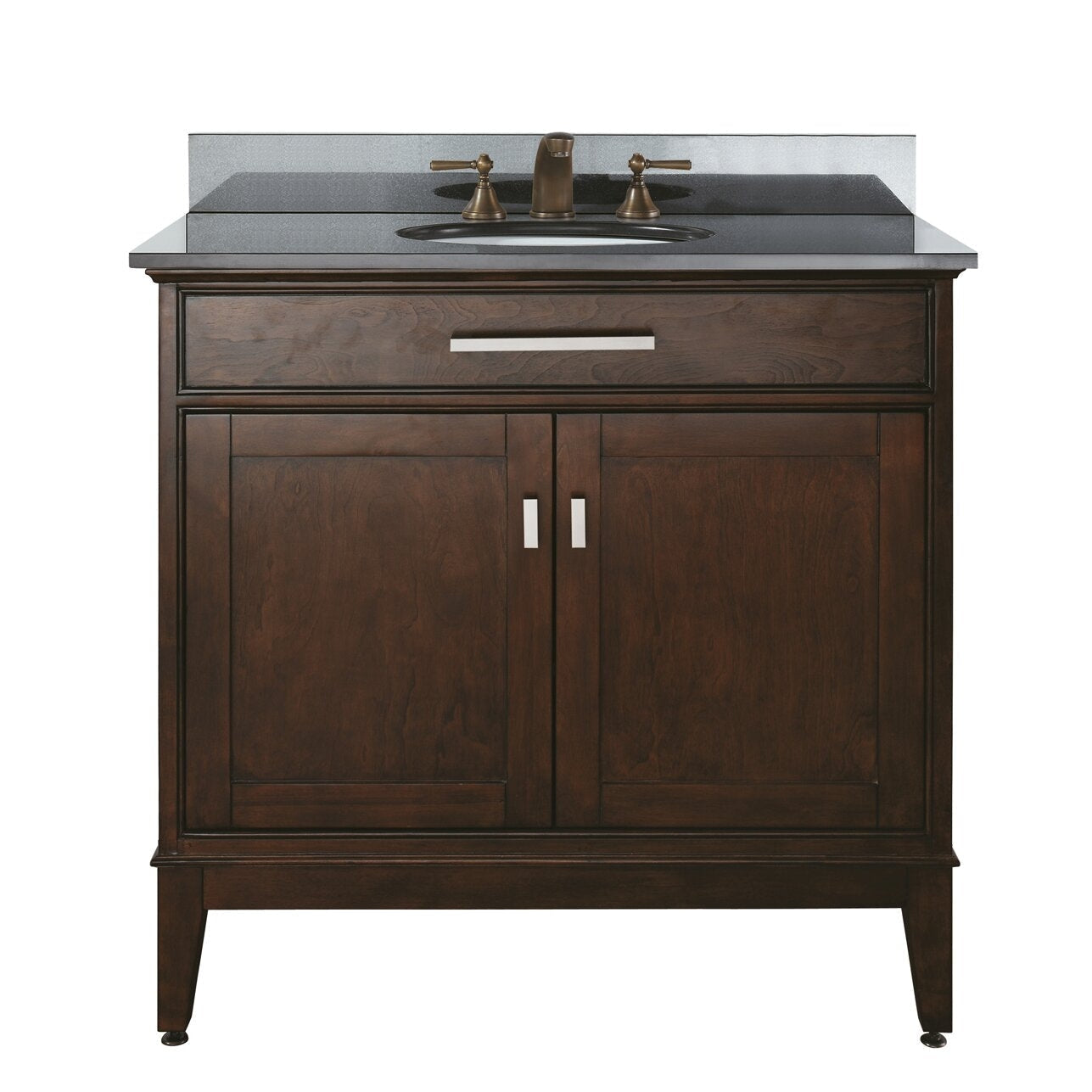 Front view of a 37-inch freestanding modern solid wood bathroom vanity in dark brown with a stone countertop, oval undermount sink, antique-brass faucet, slim metal drawer pull and two shaker-style cabinet doors.