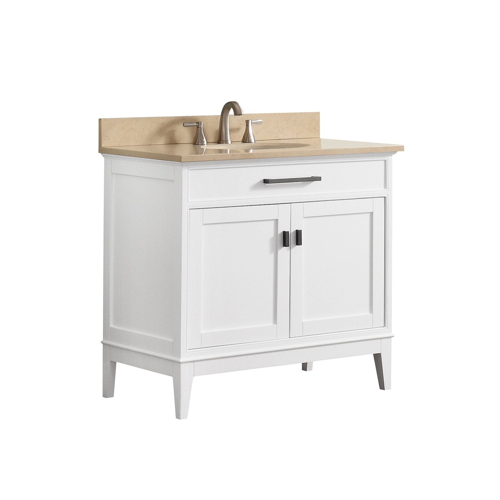 Freestanding modern 37-inch white solid wood bathroom vanity with a stone marble top and backsplash, single sink, brushed metal faucet, and dark rectangular hardware.