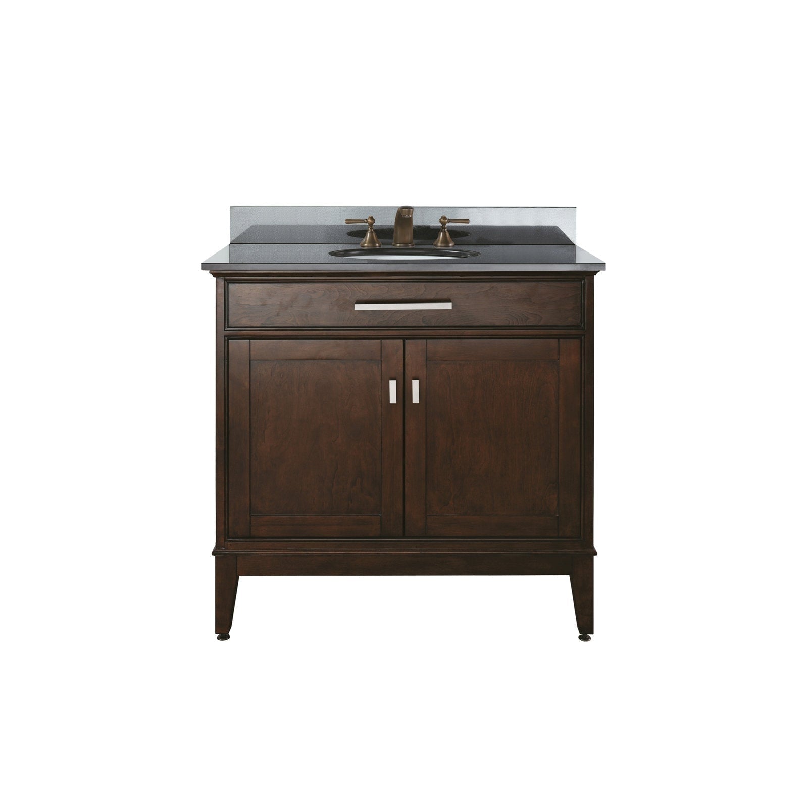 Modern freestanding single-sink bathroom vanity in dark solid wood with a stone countertop and backsplash, bronze faucet, one top drawer and two cabinet doors with brushed metal pulls.