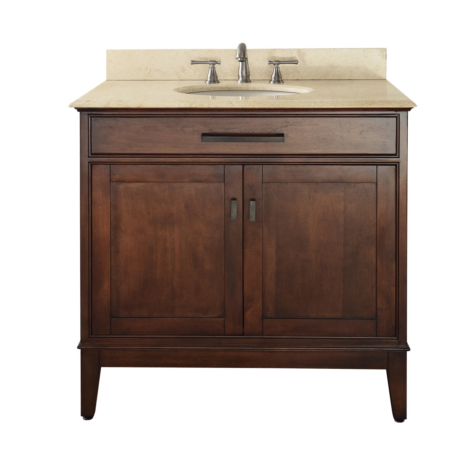 Front view of a 37-inch modern solid wood bathroom vanity in brown with a stone countertop and backsplash, oval undermount sink, brushed-finish faucet, single top drawer and two-door cabinet with metal pulls on tapered legs.