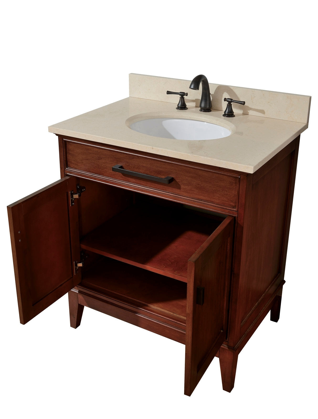 37-inch freestanding solid wood bathroom vanity with stone-colored marble top, oval white undermount sink, oil-rubbed bronze faucet, single drawer and open double-door cabinet with interior shelf.