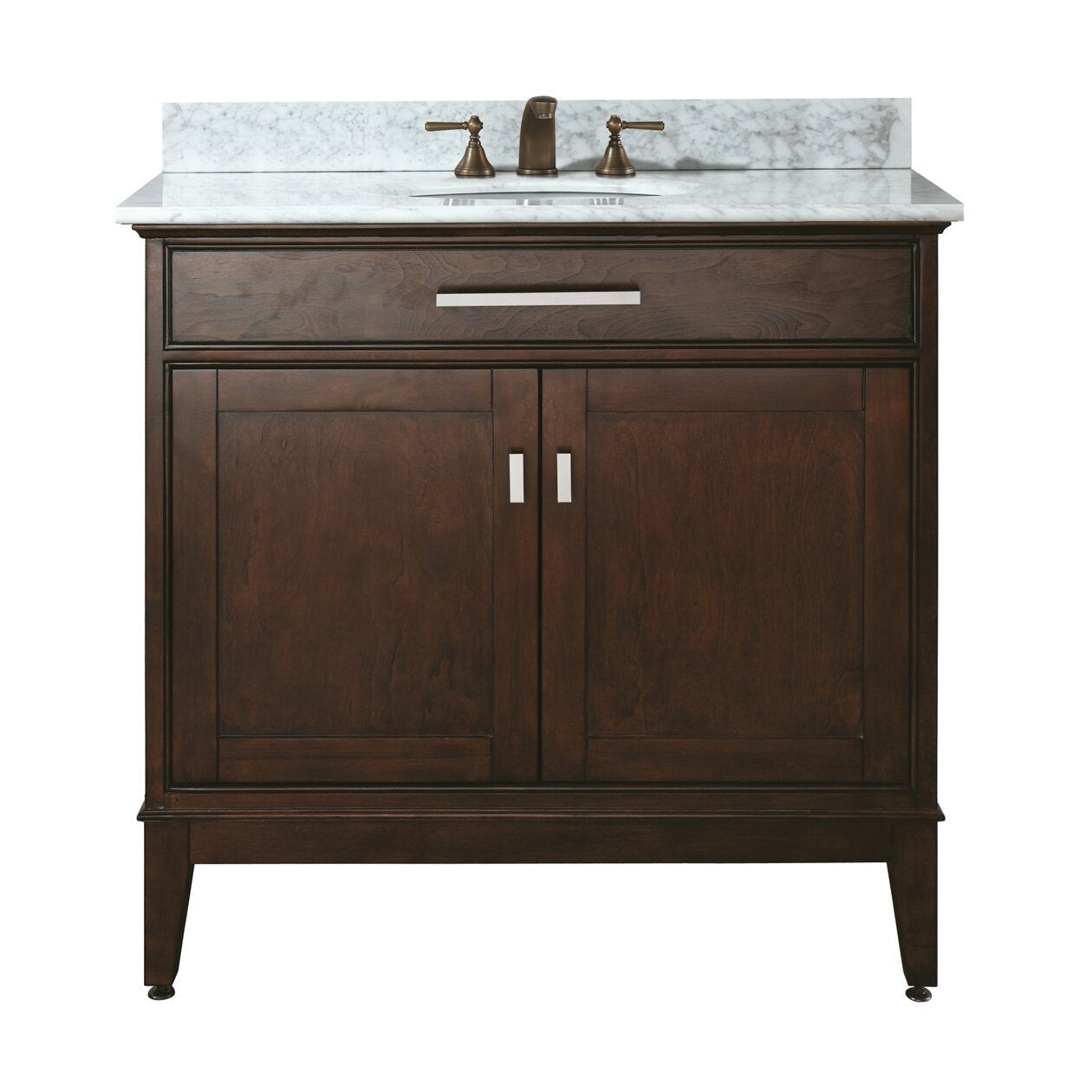 Freestanding 37-inch modern solid wood bathroom vanity with a dark wood cabinet, white stone marble top with integrated single sink, one drawer and two-door storage with metal handles.
