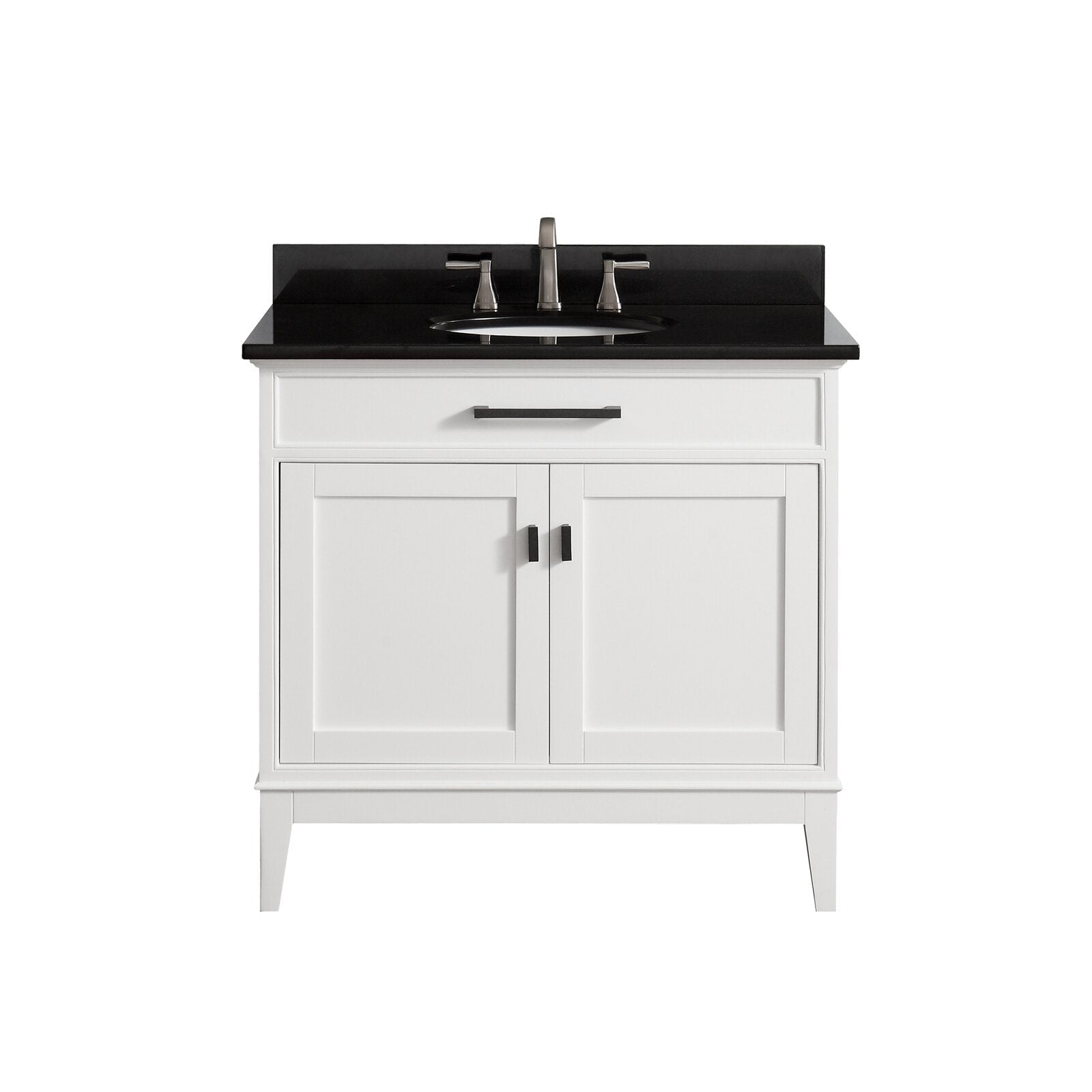 37-inch modern solid wood bathroom vanity in white with a dark stone countertop, single undermount ceramic sink, center faucet, top drawer and two-door storage with matte black hardware.