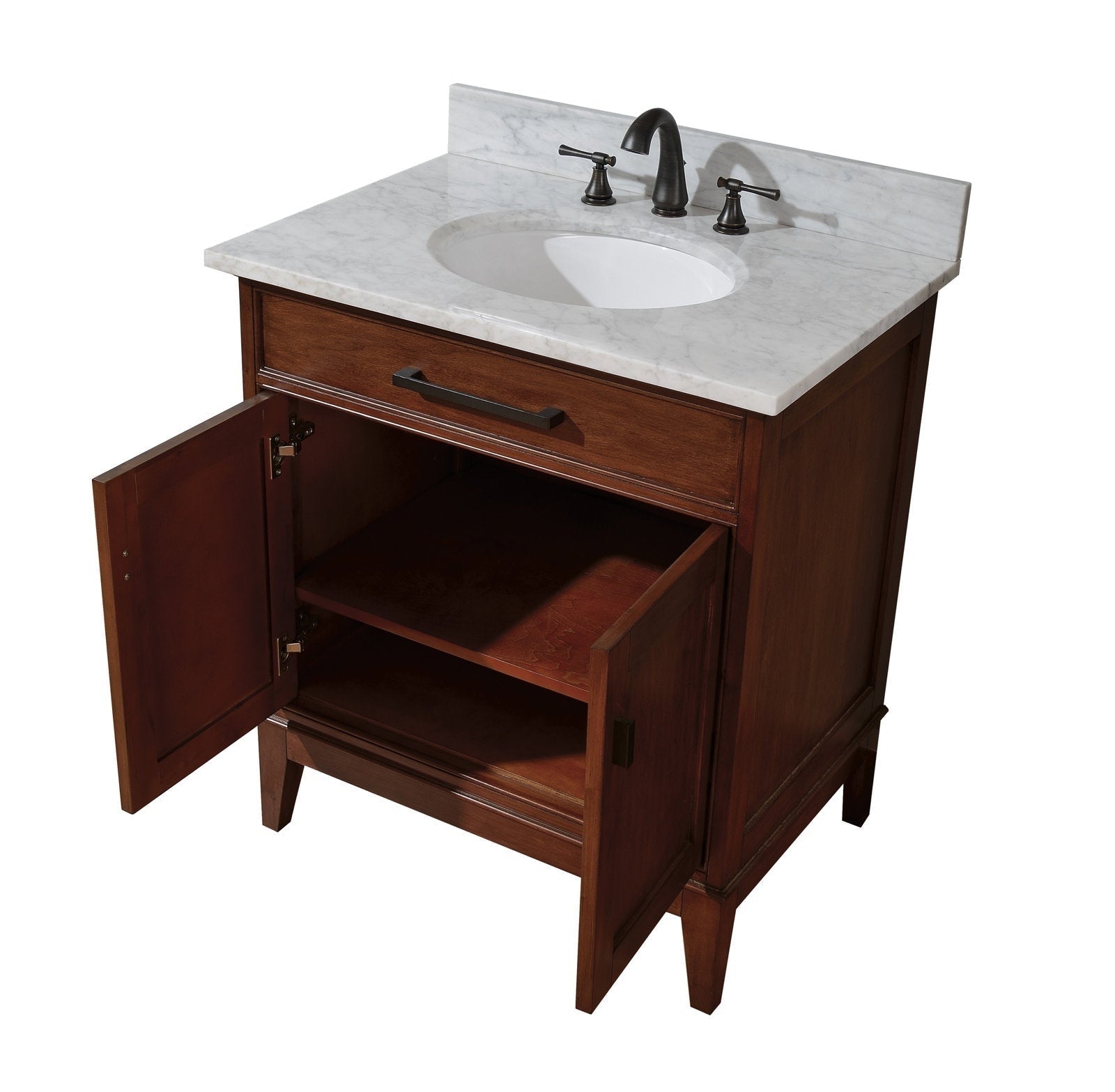 Freestanding 37-inch single-sink bathroom vanity in warm brown solid wood with a stone marble top and backsplash, white undermount ceramic sink, oil-rubbed bronze faucet and open cabinet shelf.