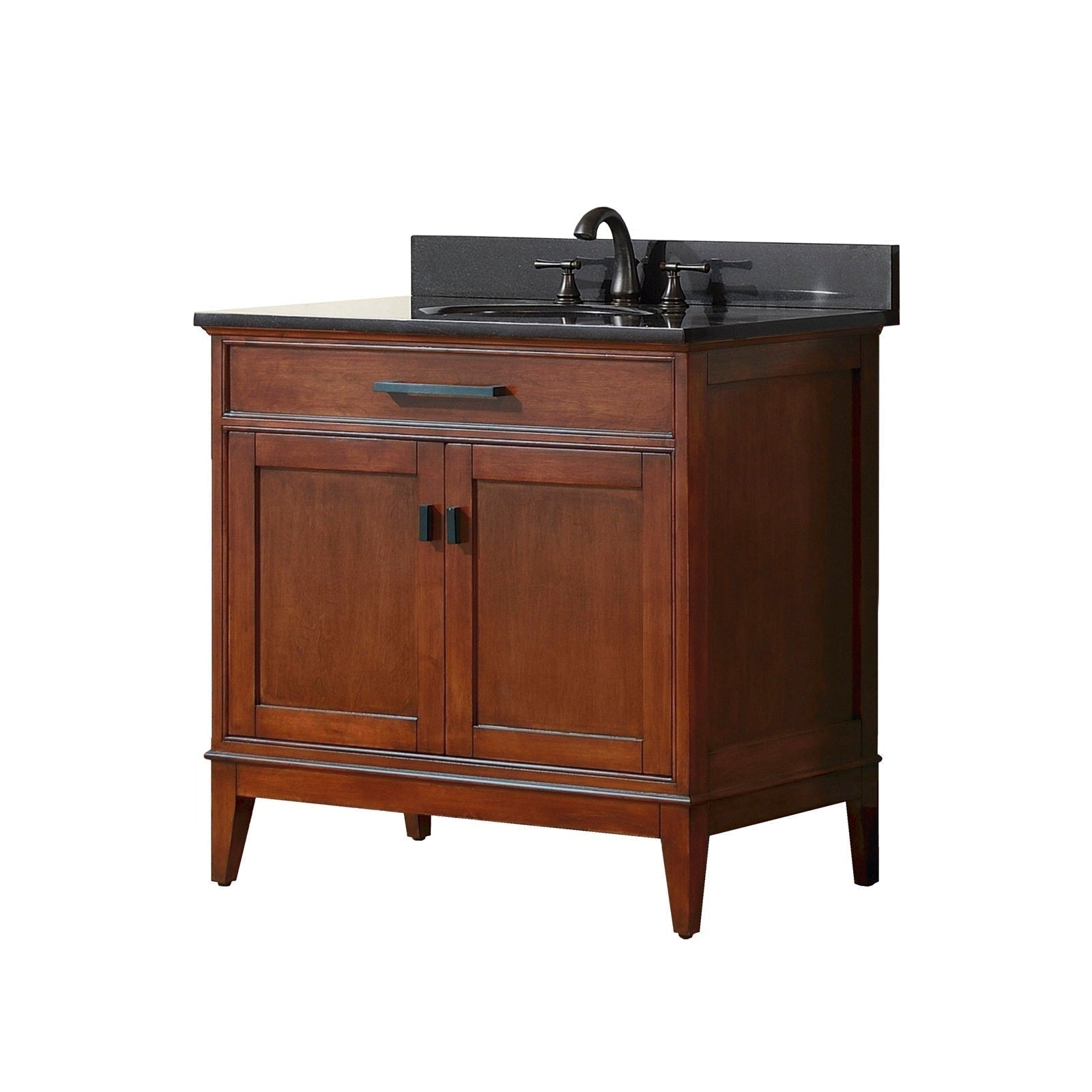 Freestanding modern solid wood bathroom vanity in warm brown with a stone top, integrated single ceramic sink, dark faucet and backsplash, and two-door storage cabinet.