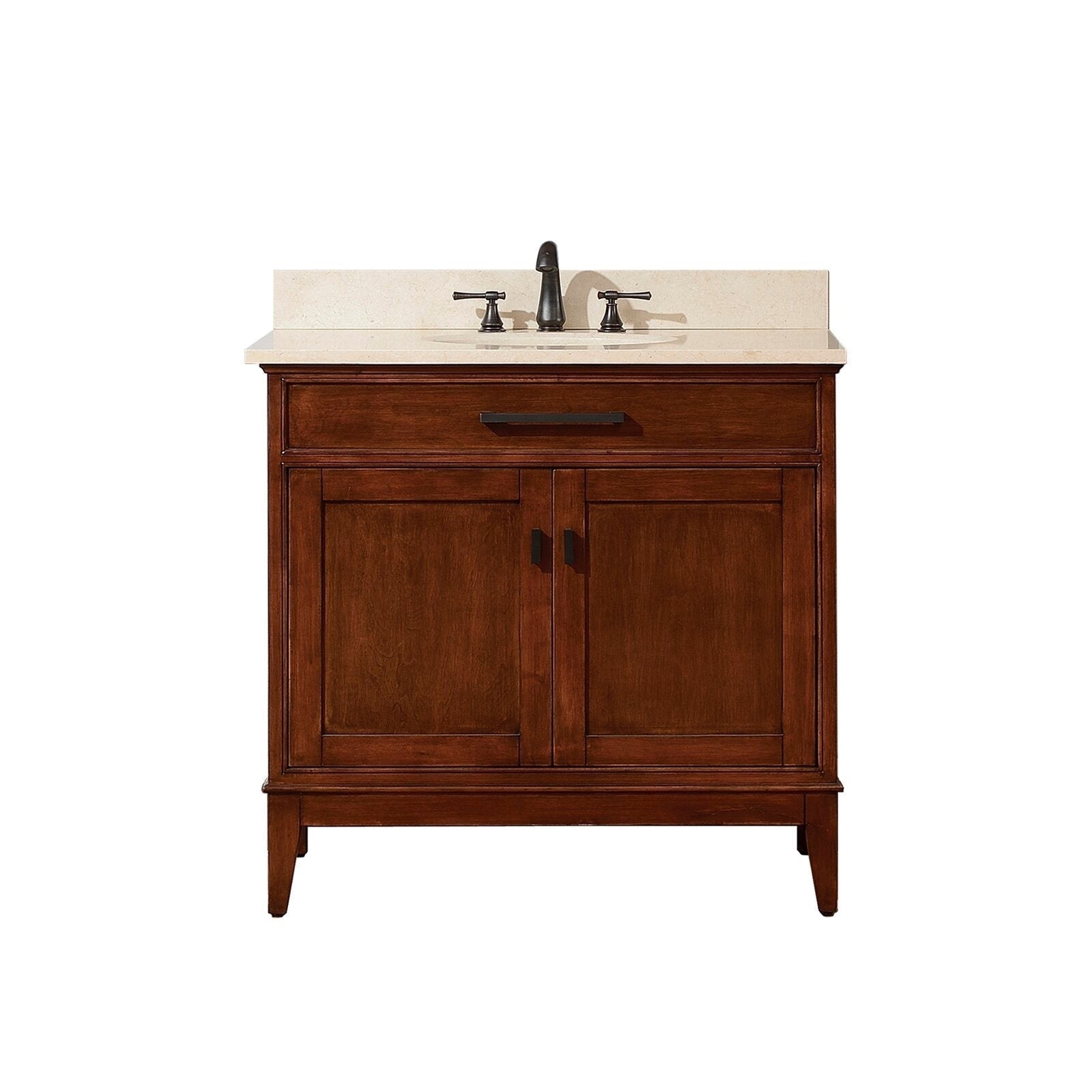 Front view of a freestanding 37-inch solid wood bathroom vanity in rich brown with a light stone marble top, single ceramic sink, oil-rubbed bronze faucet and hardware, one drawer and two-door storage.