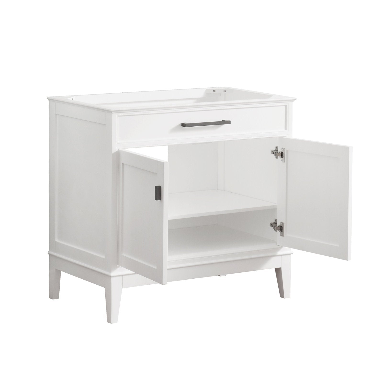 Freestanding modern stone-colored single-sink bathroom vanity with solid wood base, one top drawer and two open cabinet doors revealing an interior shelf, tapered legs and a dark metal drawer pull.