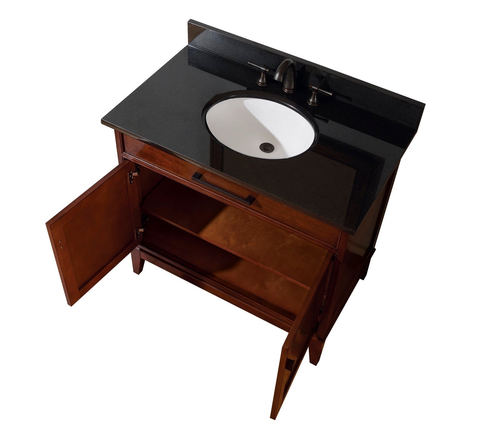Top-down view of a modern 37-inch solid wood bathroom vanity with a black stone countertop, white undermount sink, oil-rubbed bronze faucet and open brown cabinet doors revealing interior shelving.