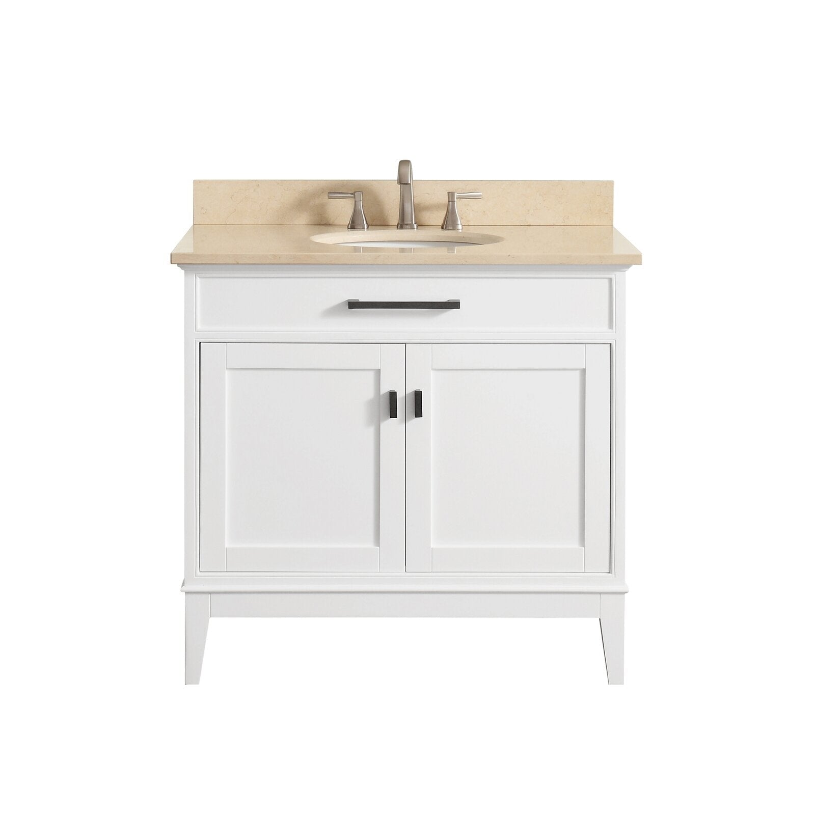 37-inch freestanding modern bathroom vanity in white solid wood with a stone countertop, integrated undermount sink, brushed nickel faucet, and dark metal cabinet hardware.