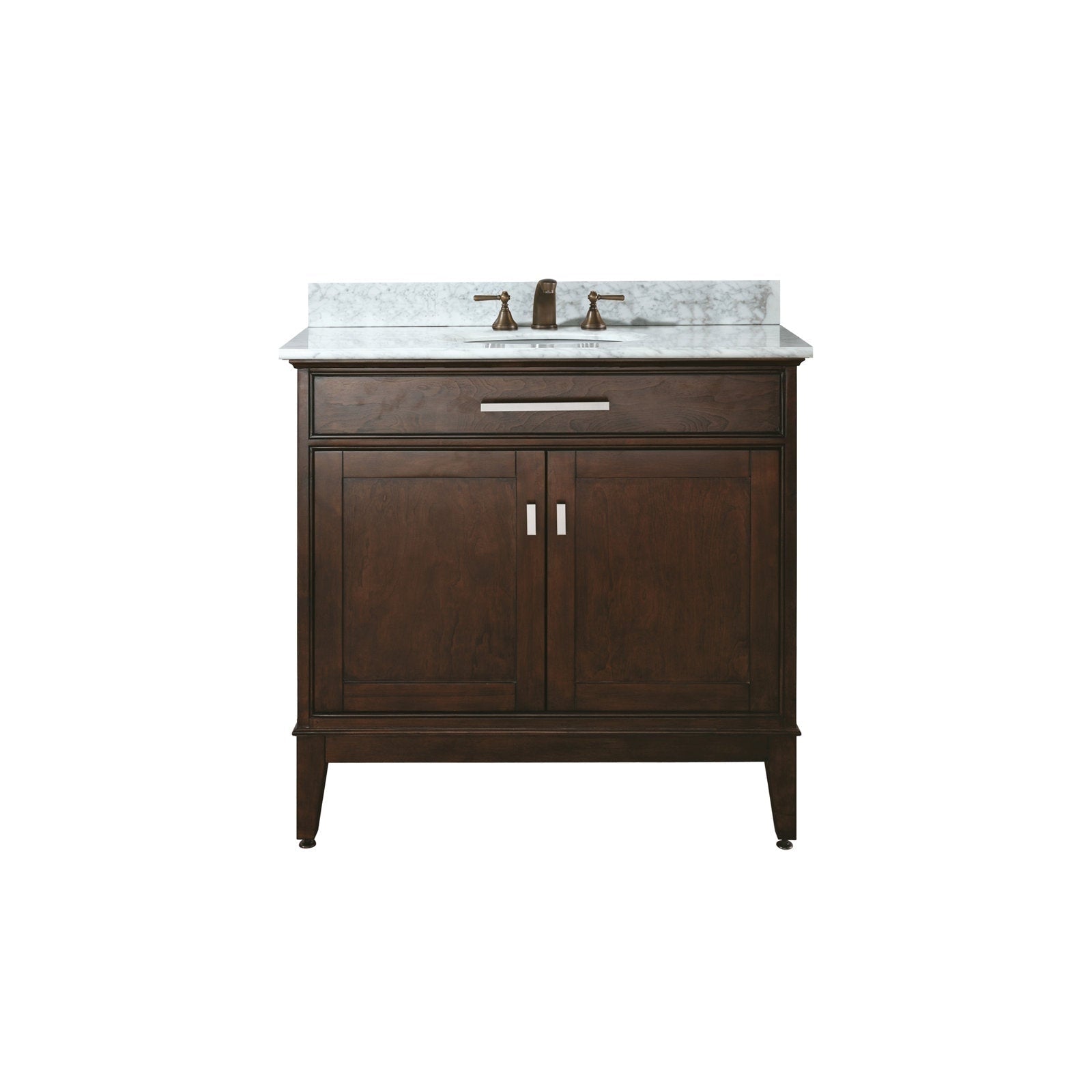 Freestanding 37-inch modern solid wood bathroom vanity in dark brown with a white marble stone top, single undermount ceramic sink, bronze two-handle faucet, and soft-close double-door storage.