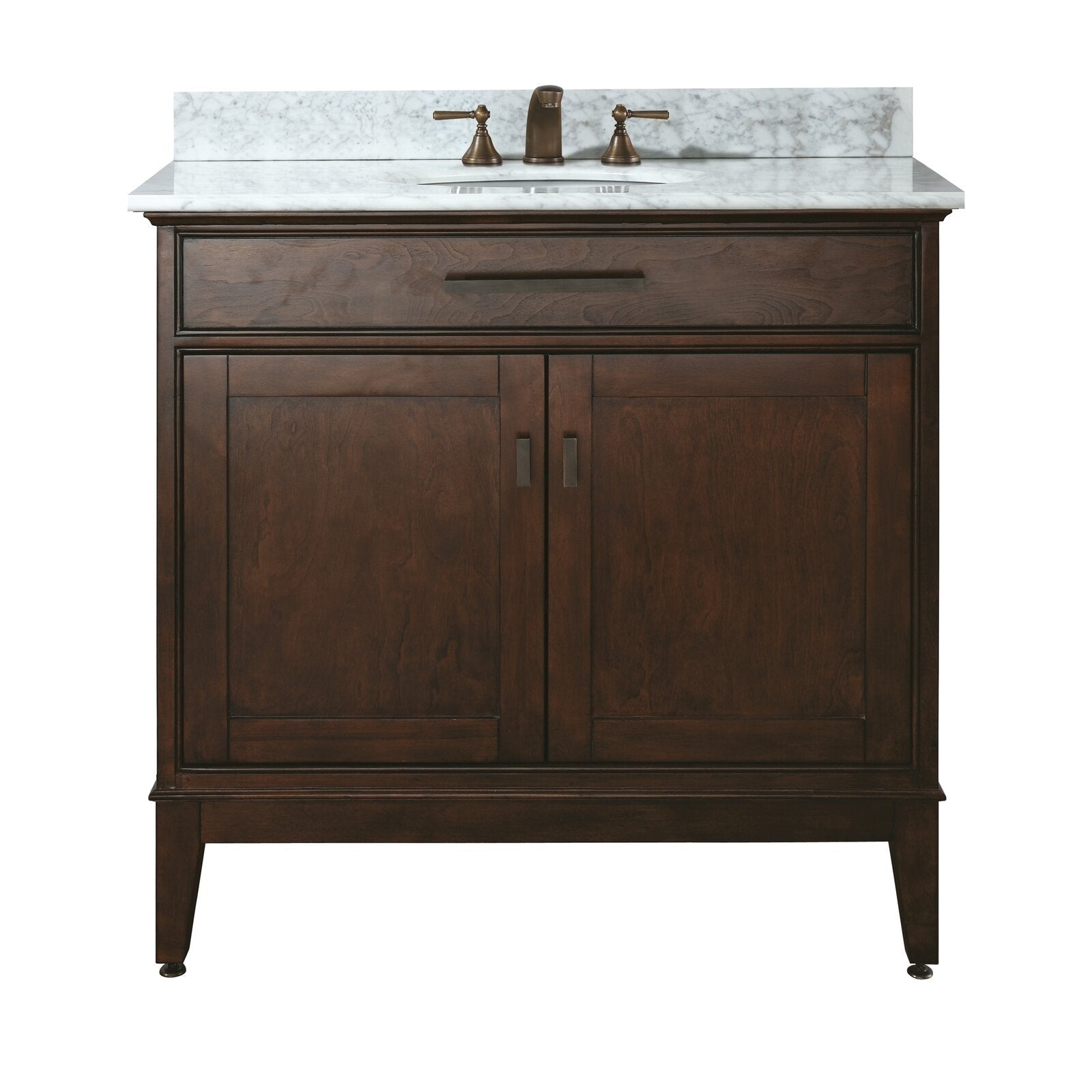 Freestanding 37-inch single-sink bathroom vanity in dark solid wood with a white marble stone top and backsplash, undermount sink, bronze faucet, one top drawer and two cabinet doors.