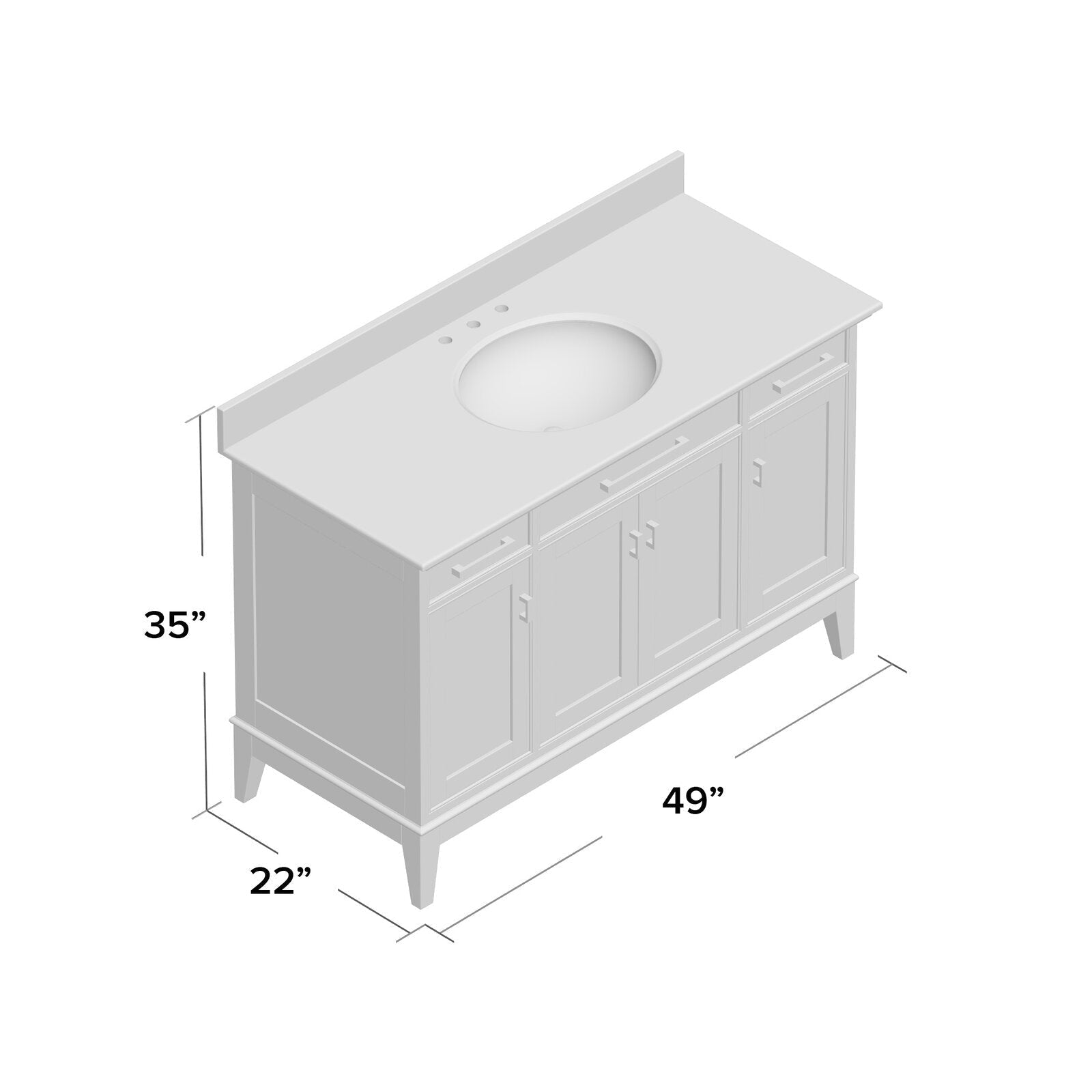 Isometric illustration of a modern single-sink bathroom vanity, 49 in wide with a stone countertop and integrated round sink; solid wood freestanding base in stone color with four cabinet doors and dimensions 49 x 35 x 22 in.
