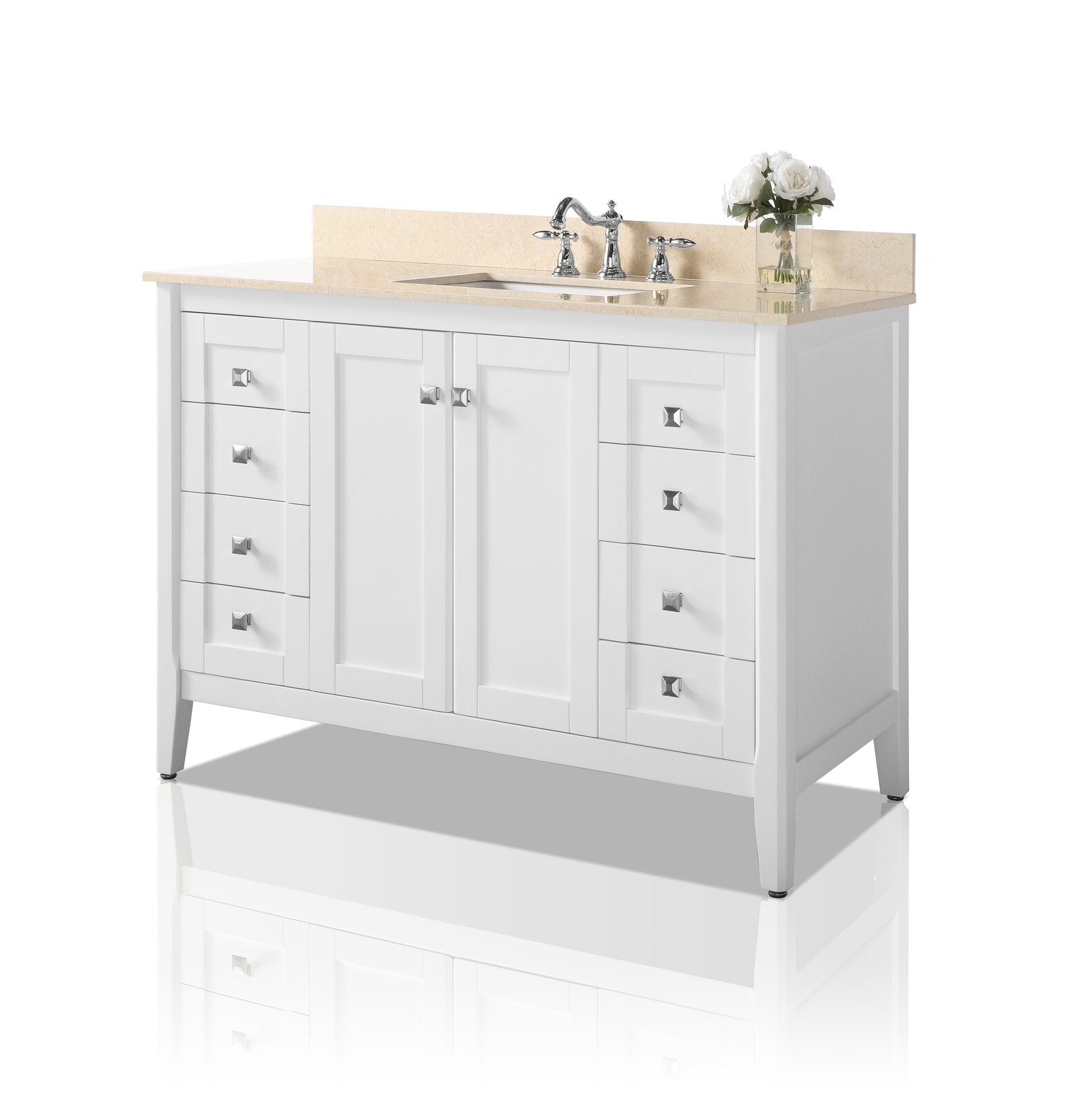 Freestanding 48-inch white solid wood single-sink bathroom vanity with beige stone countertop and backsplash, chrome faucet and square chrome knobs, two center doors and stacked side drawers for storage.